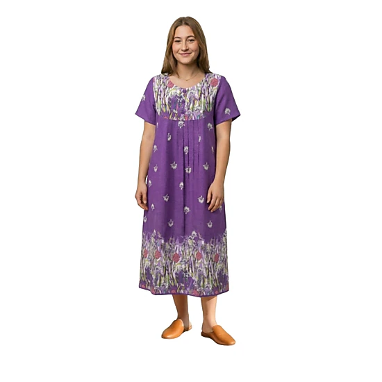 Loungees Border Print Cotton Lounge Dress House Dress Caftan 3 Button Bib Yoke Short Sleeve