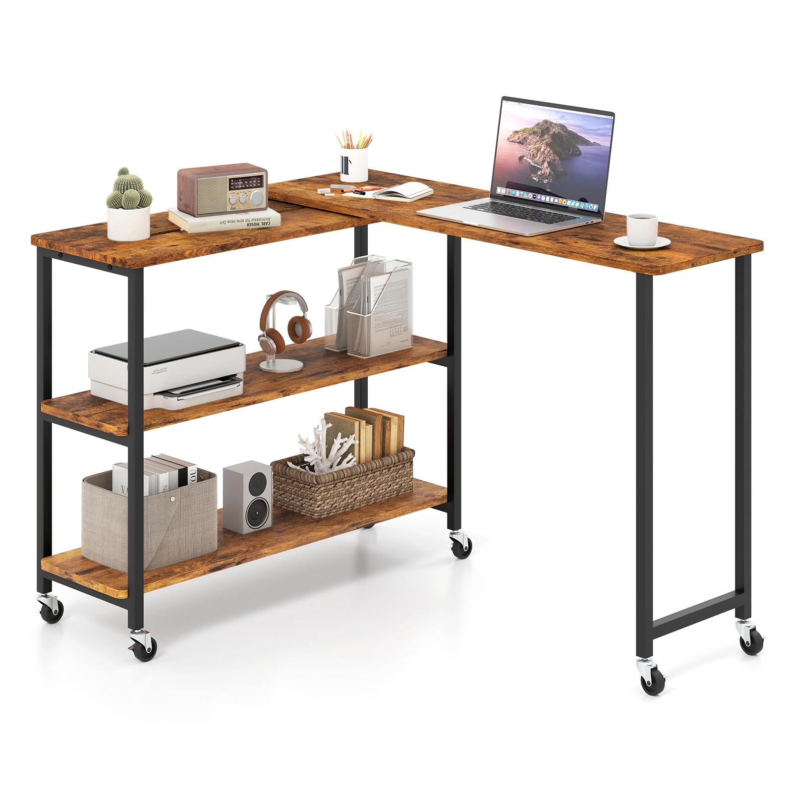 SUGIFT 360-Degree Rotating Sofa Side Table with Wheels and Storage Shelves 110-lb Desktop Rustic Brown