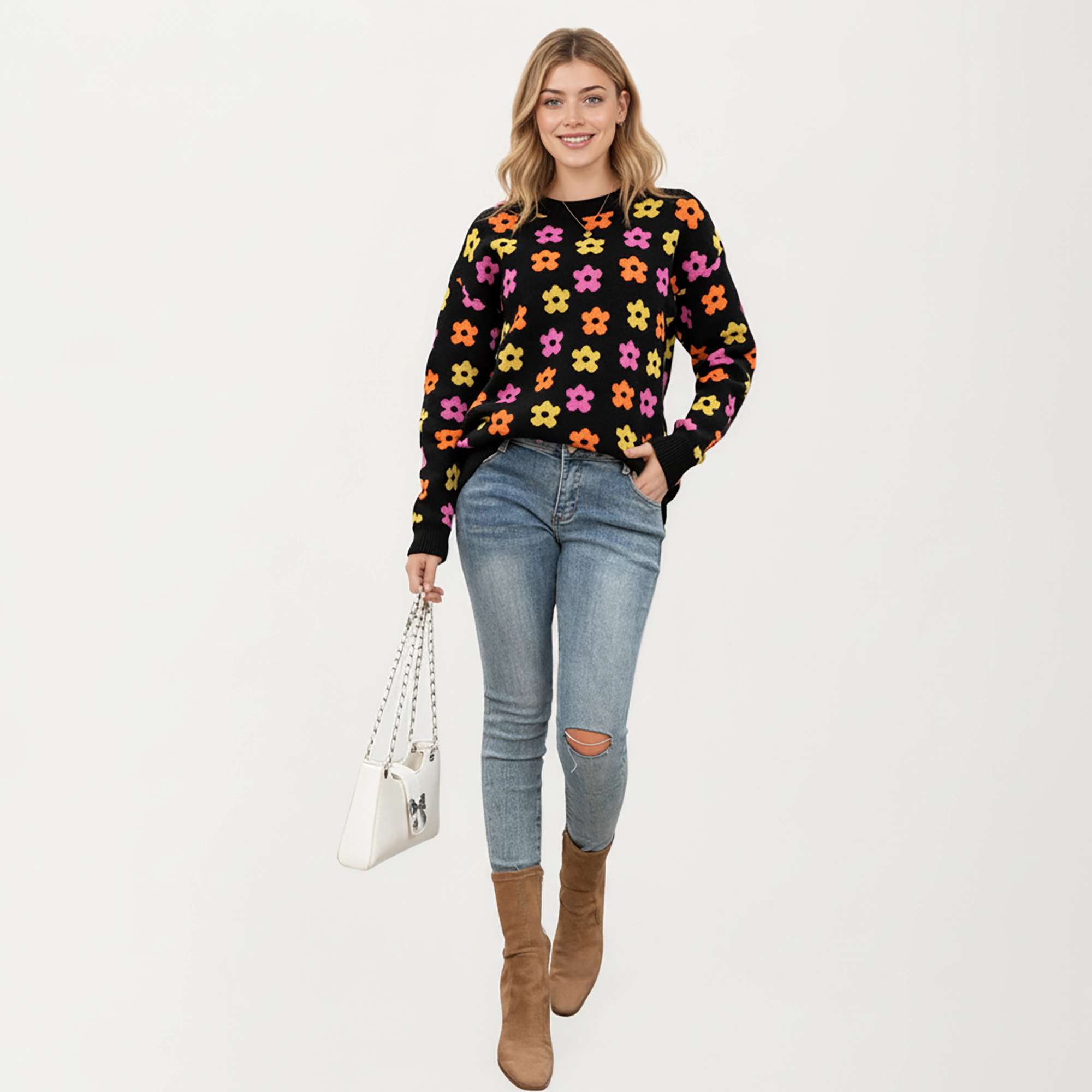Anna-Kaci Women's Flower Pattern Knit Sweater with Long Sleeves, Soft Textured Feel and Comfortable Relaxed Everyday Fit