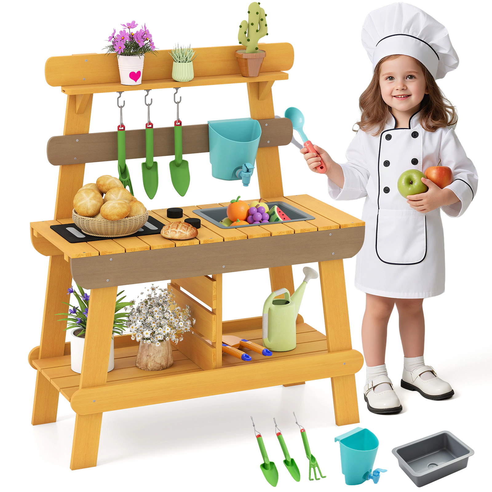 LJG Outdoor Mud Kitchen for Kids Wooden Play Kitchen Toy for Boys Girls Aged 3-8
