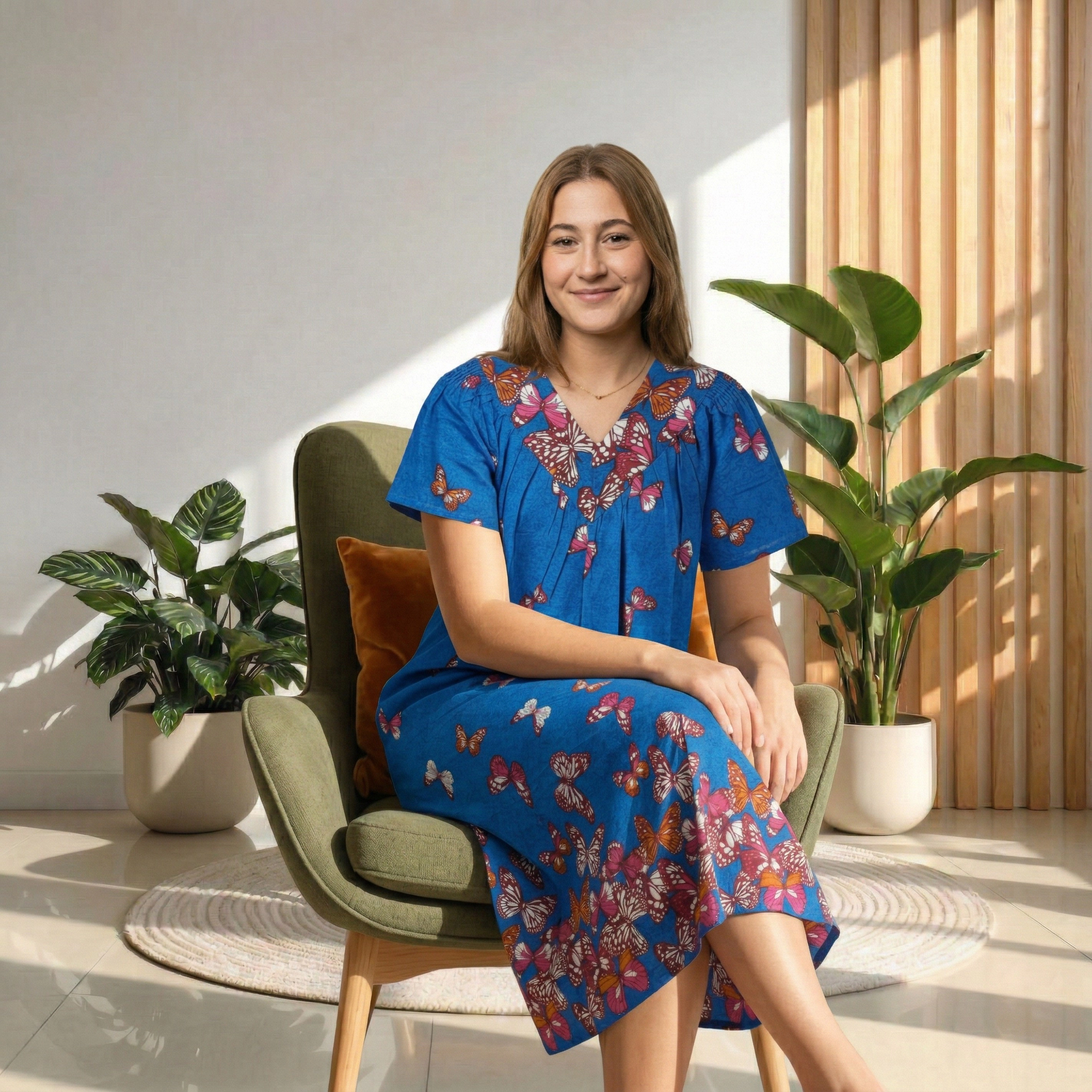 Loungees Border Print Cotton Lounge Dress House Caftan V-Neck Yoke Short Sleeve