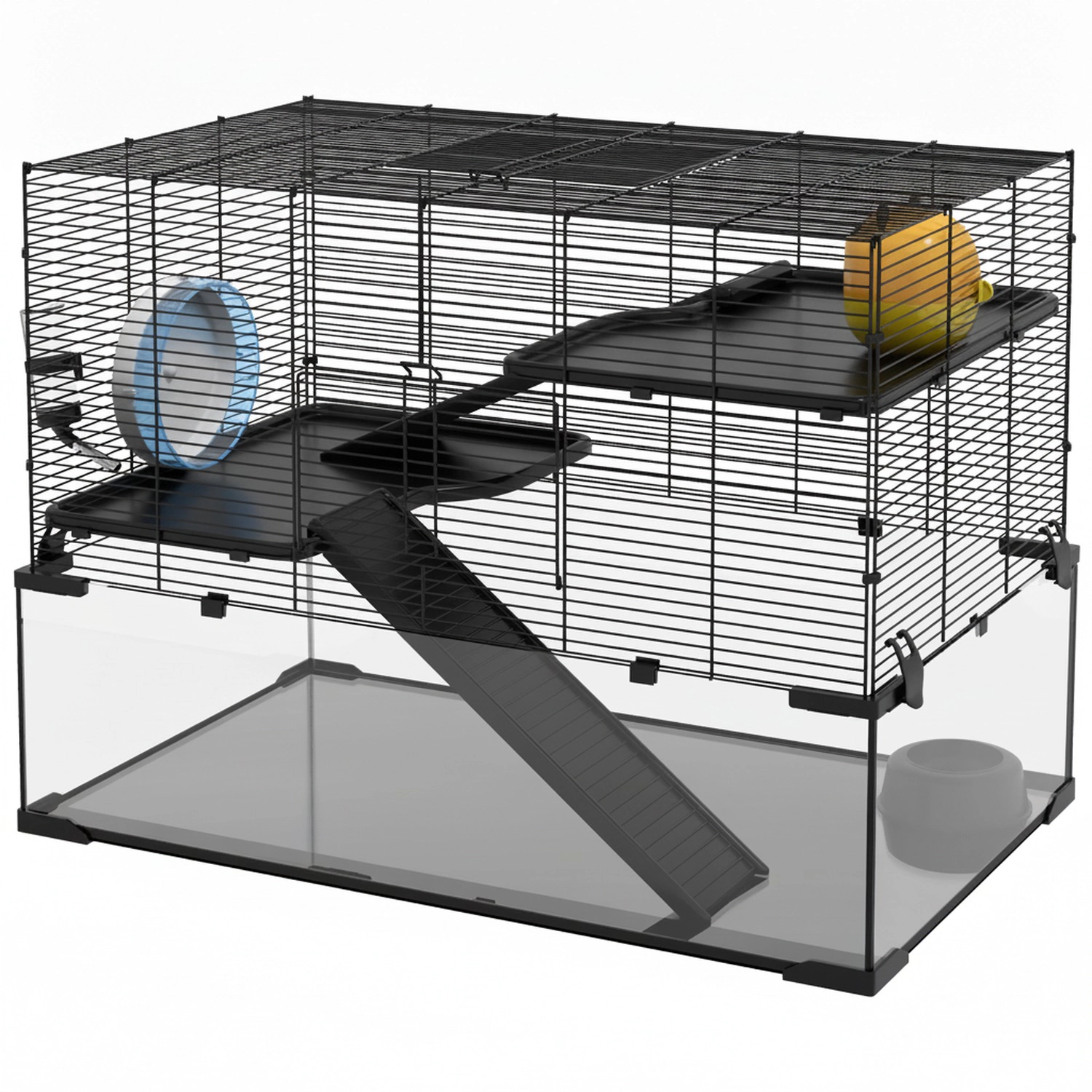 HONGGE Hamster Cage Gerbil Cage with Glass Basin for Small Hamsters Black