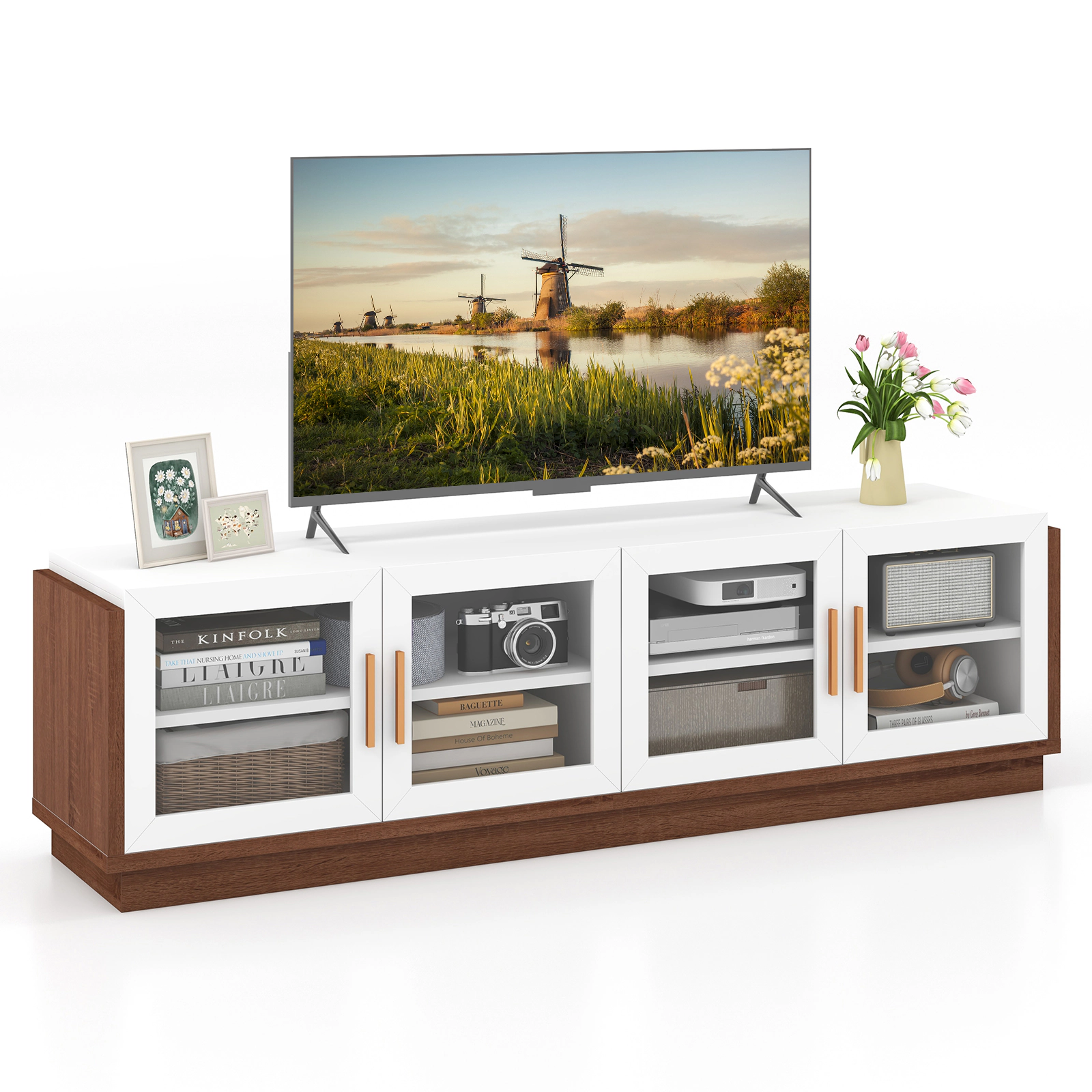 Glintex 70-Inch TV Stand with 4 Glass Doors for TVs up to 75 Inches, Brown + White