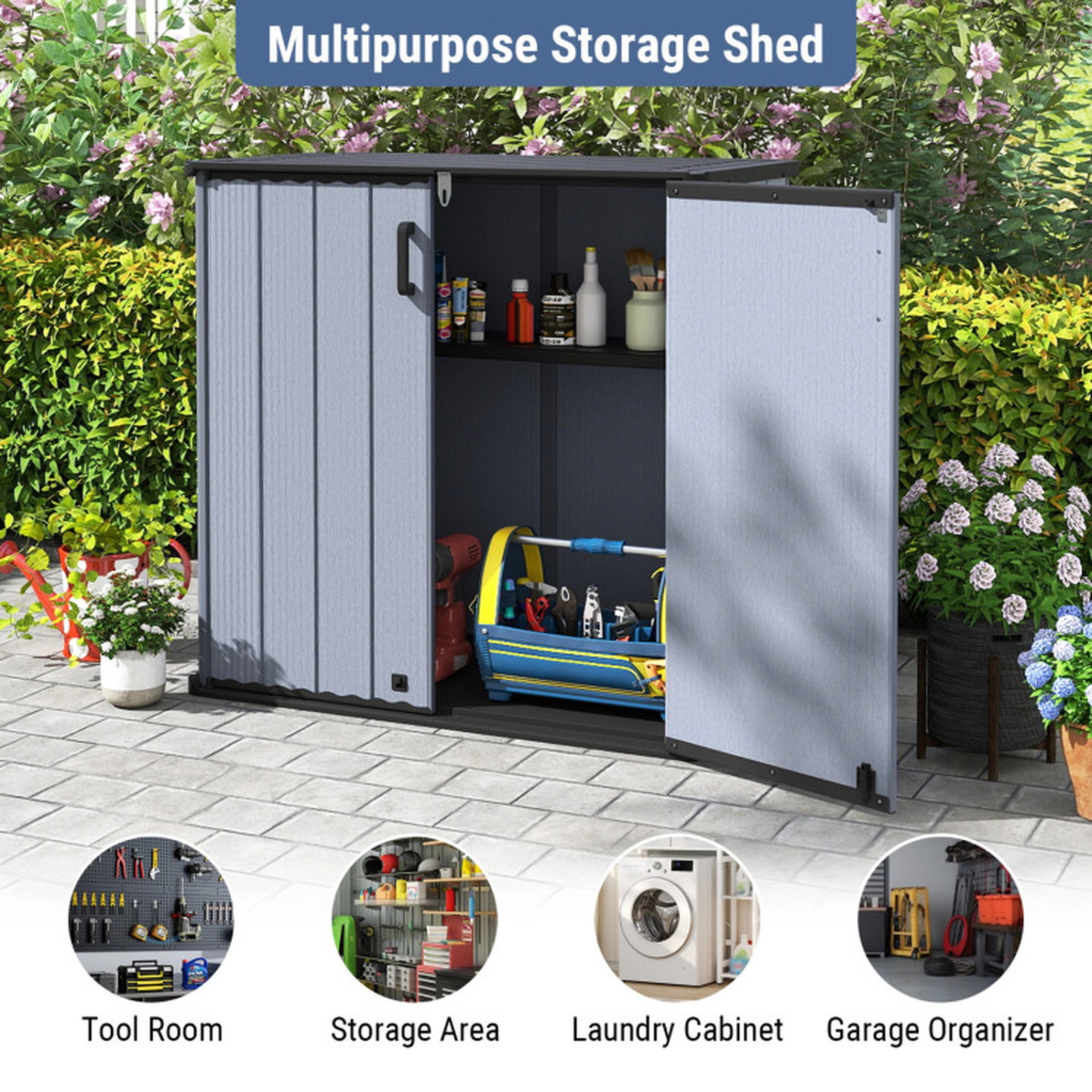 SUGIFT 175-Gallon All-Weather Outdoor Storage Box with Removable Shelf Built-In Floor and Lockable Door