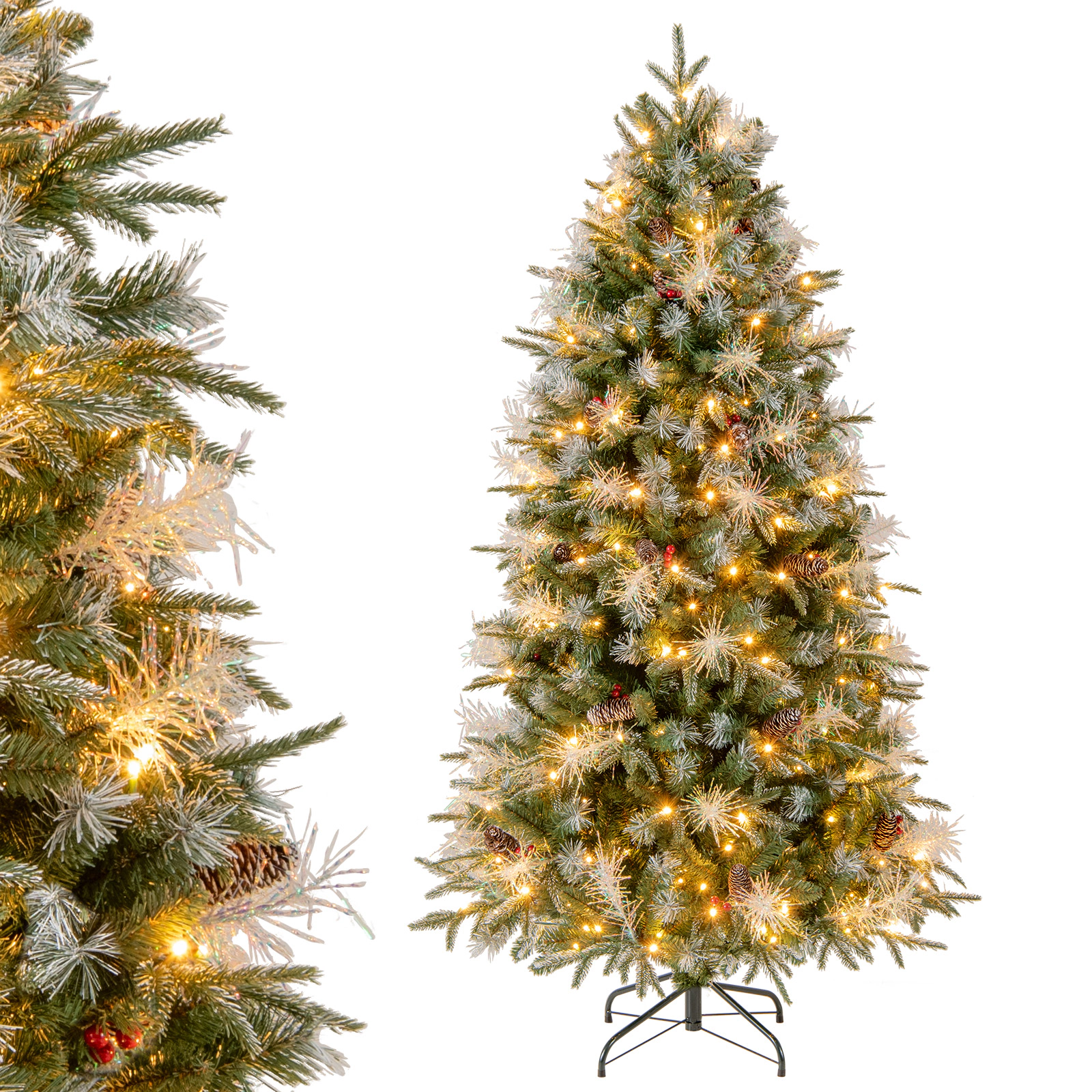 Costway 5/6/7 FT Artificial Christmas Tree with 602/806/1072 Branch Tips, 190/270/350 Warm LED Lights
