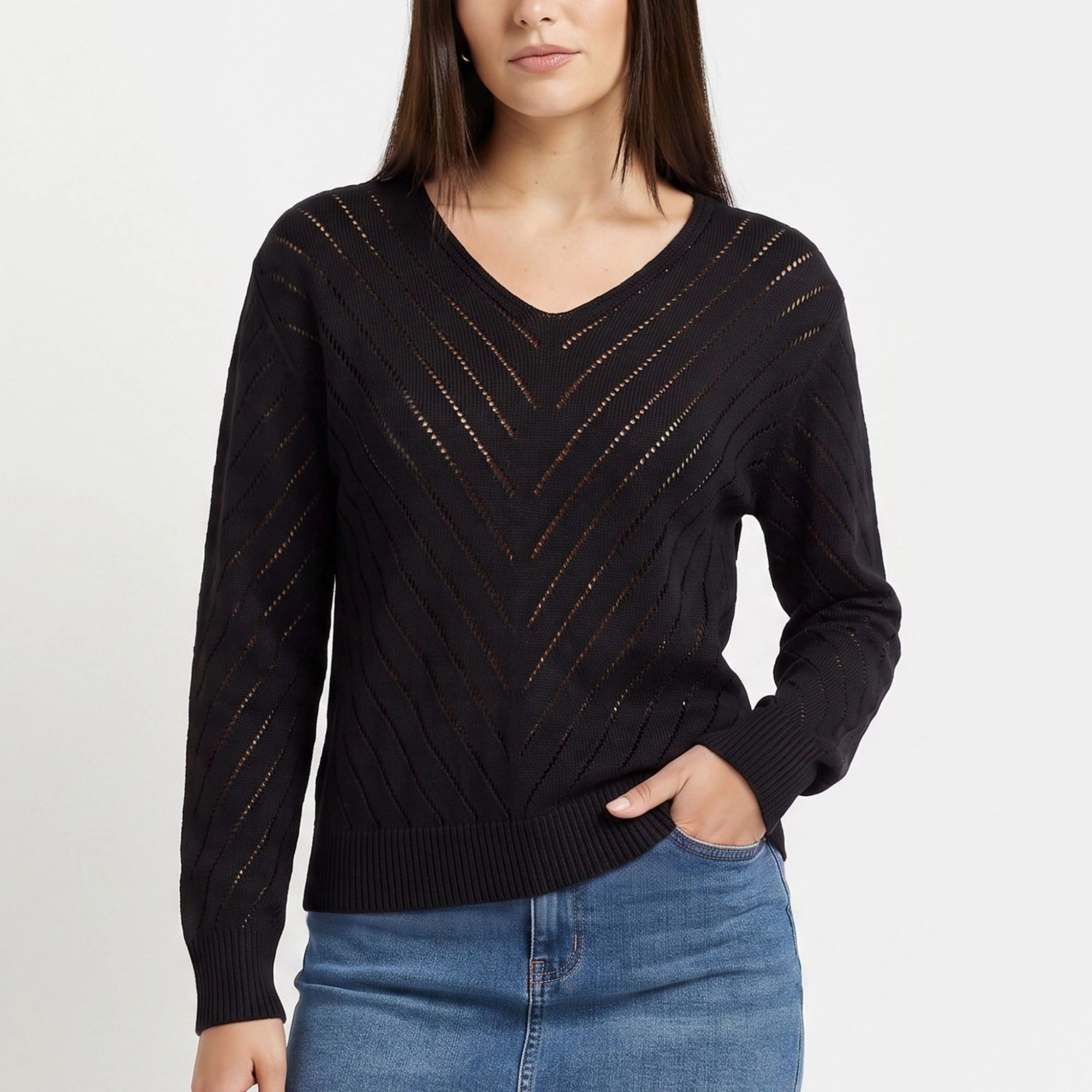 Anna-Kaci Women's Chevron Pointelle V-Neck Long Sleeve Knit Sweater