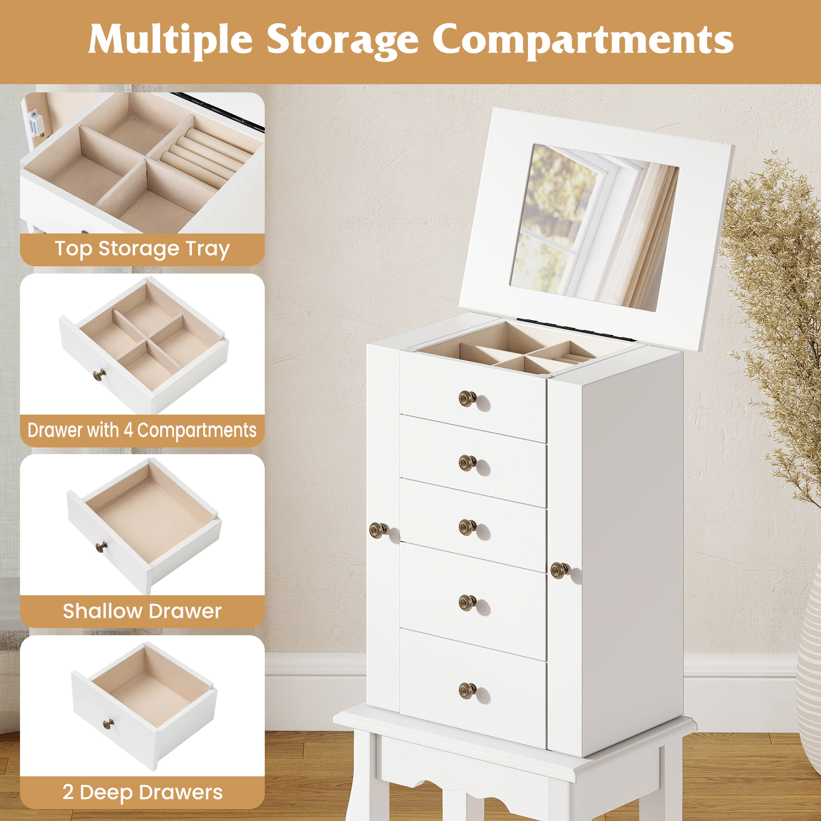 SUGIFT Standing Jewelry Cabinet White 34 in Armoire with 5 Drawers and Mirror