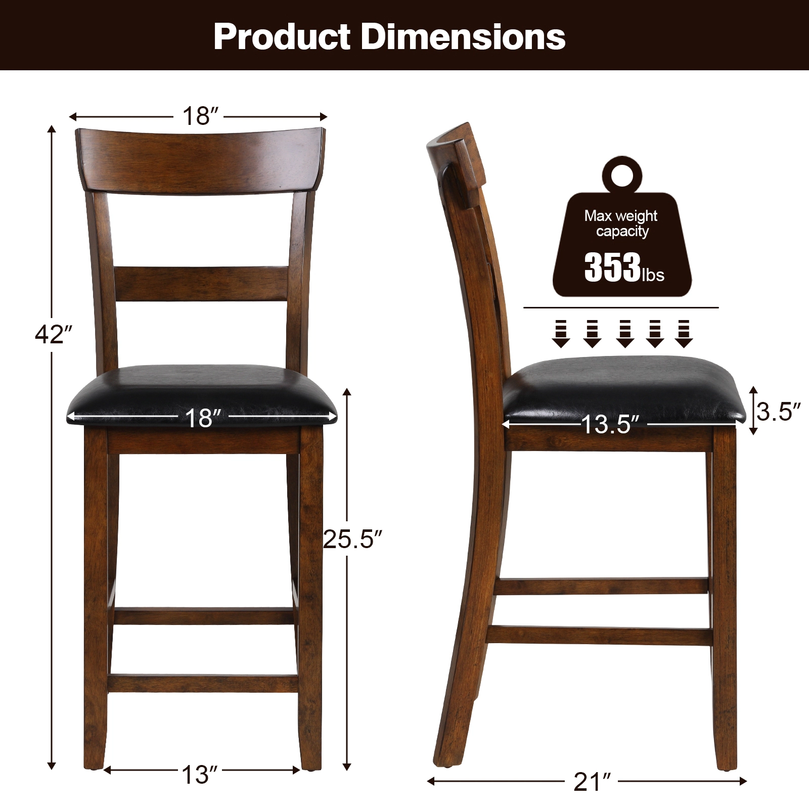 SUGIFT Brown PVC Leather Seat and Rubber Wood Legs 2 Piece Counter Height Bar Stool Set
