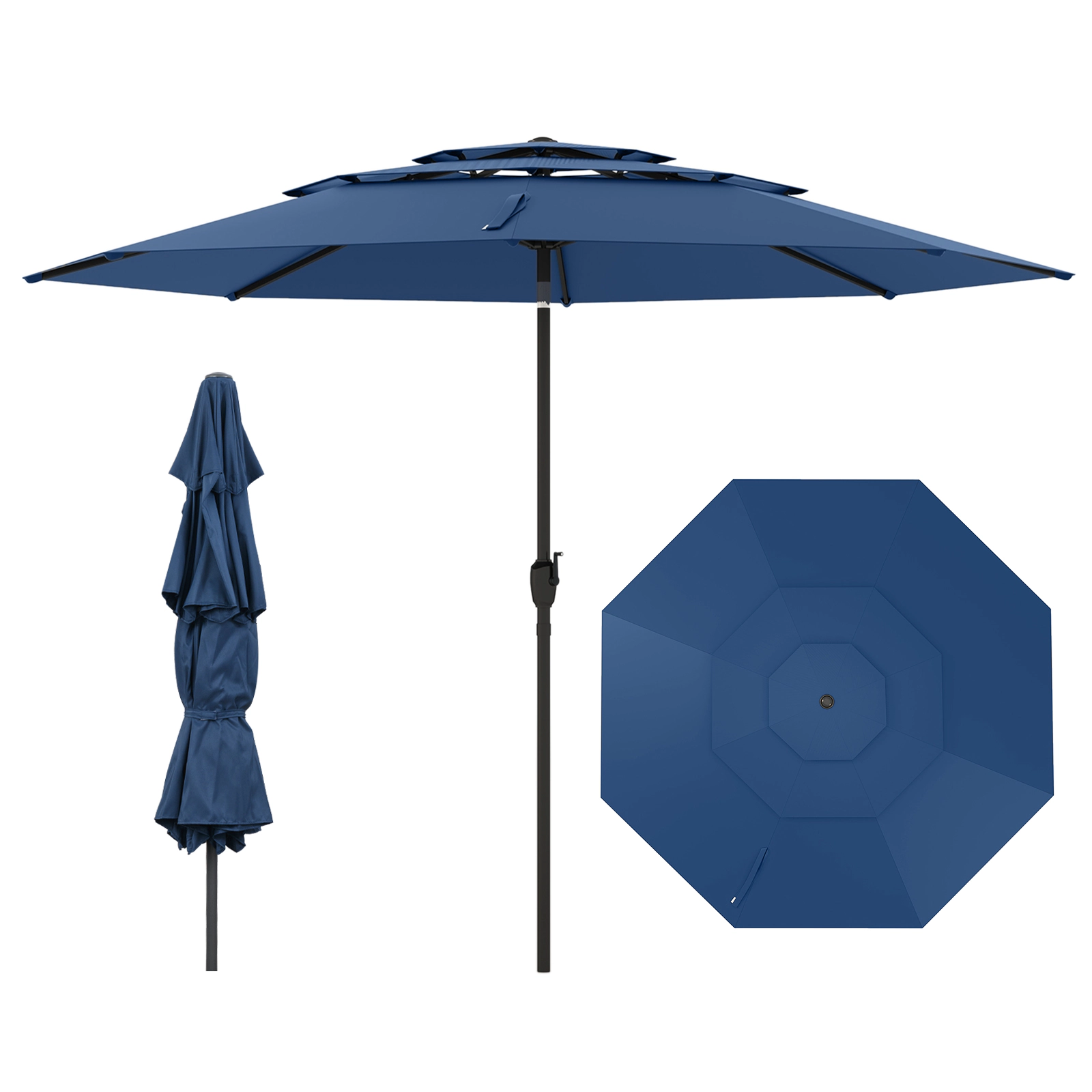 SUGIFT 10-ft Navy 3-Tier Vented Market Patio Umbrella with One-Button Tilt and 6.5-ft Rim Clearance