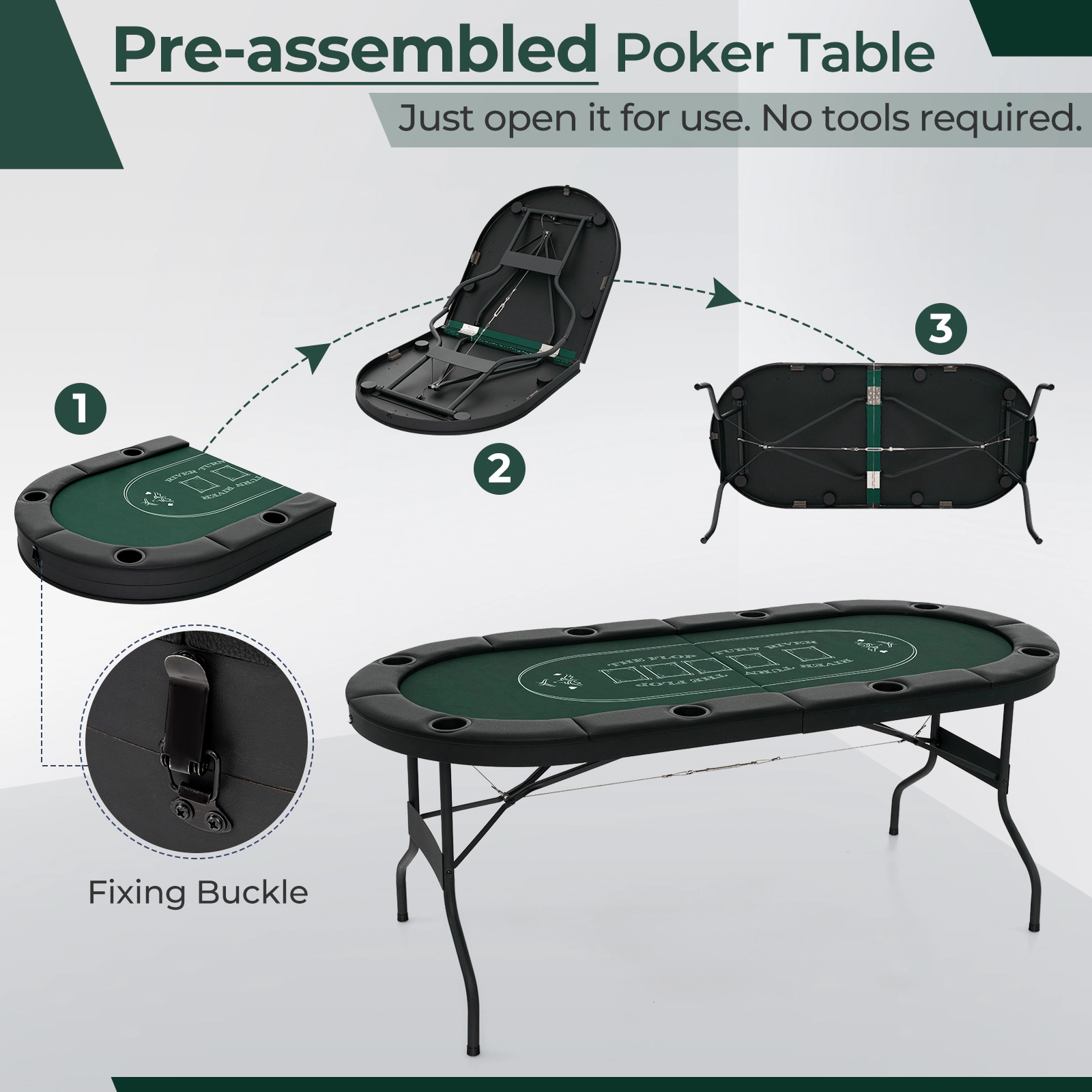 SUGIFT Foldable Oval Poker Table for 8 Players with Cup Holders and PU Leather Armrests Green 72-in Long