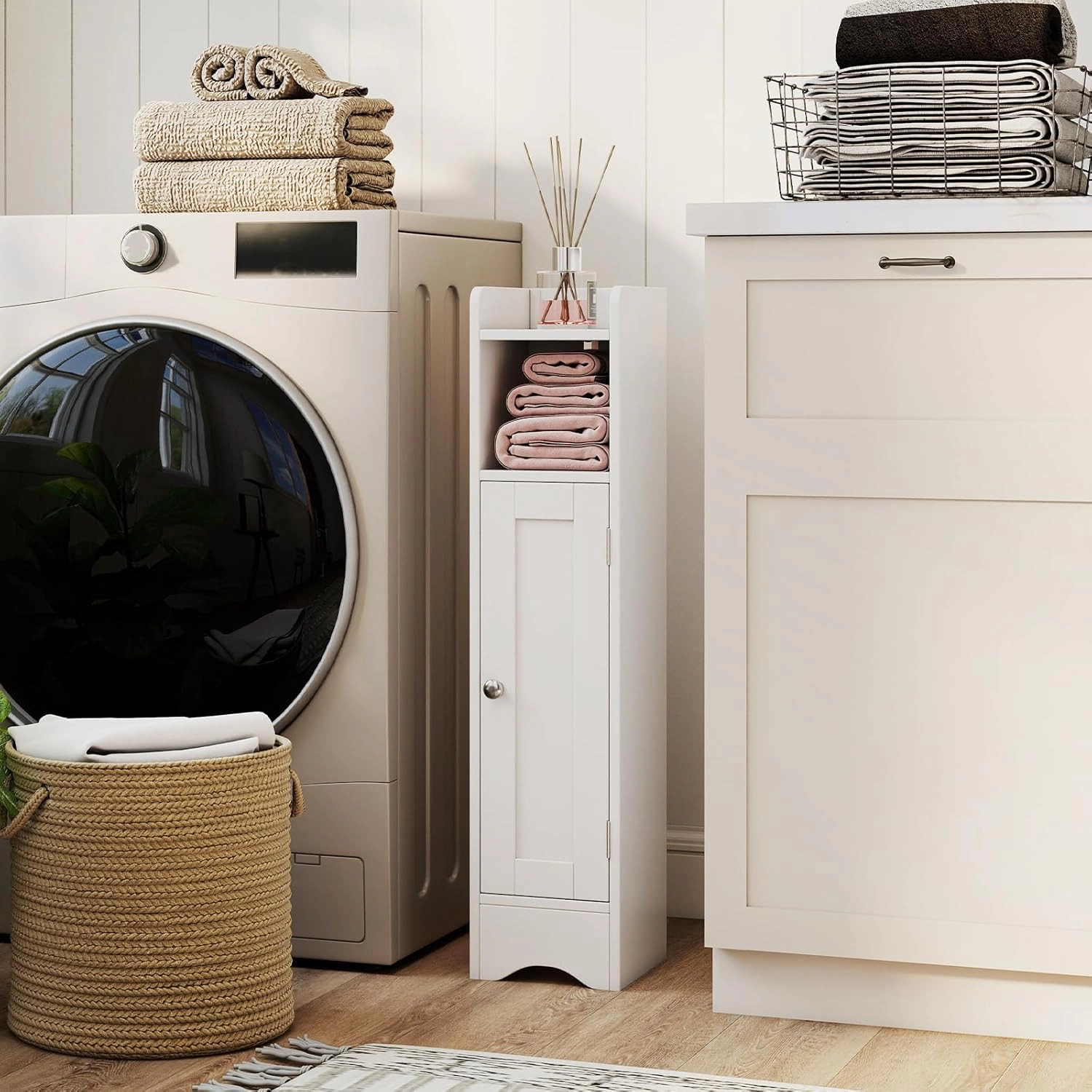 Slickblue Narrow Bathroom Storage Cabinet White Toilet Paper Holder Cabinet Open Shelf