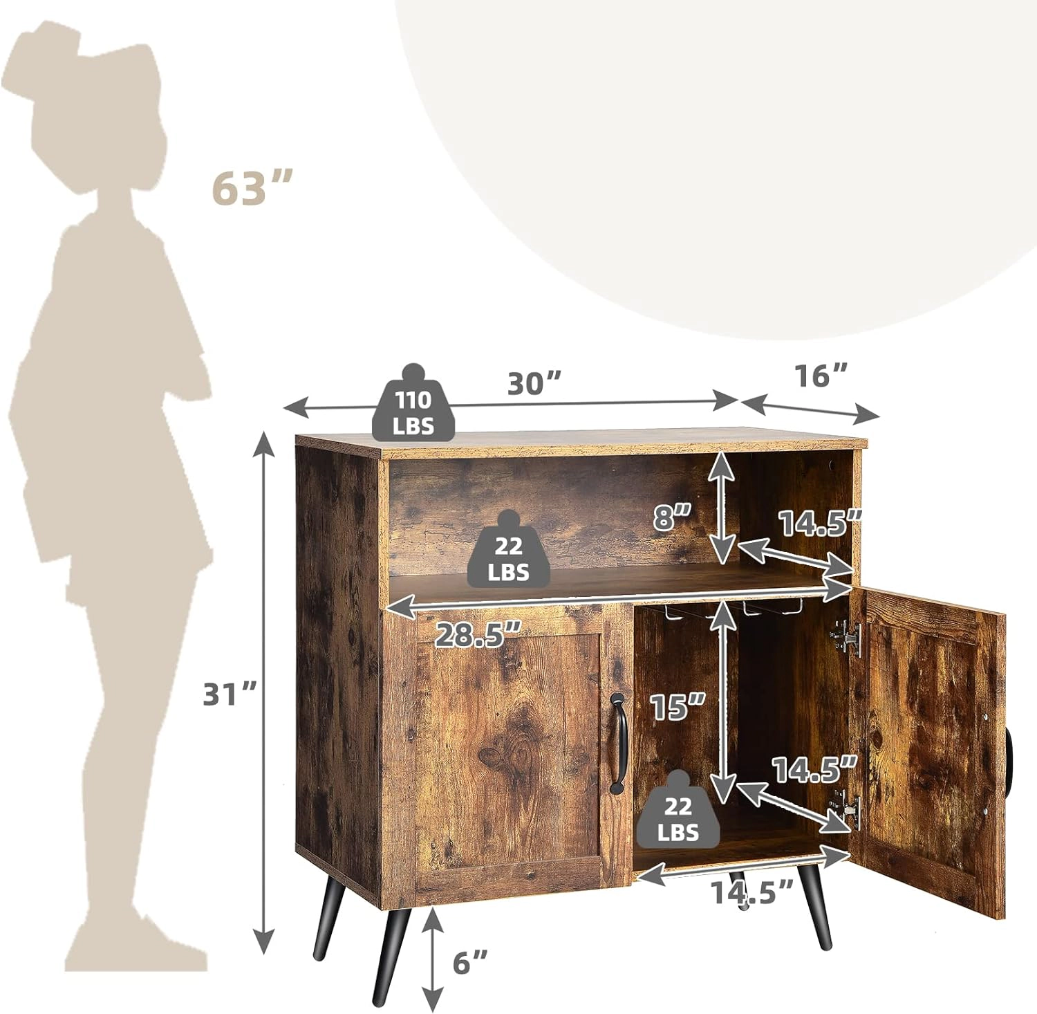 Glintex Mid-Century Buffet Cabinet with Stemware Holders and 110-Lb Top, Rustic Brown