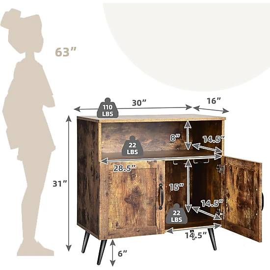 Glintex Mid-Century Buffet Cabinet with Stemware Holders and 110-Lb Top, Rustic Brown