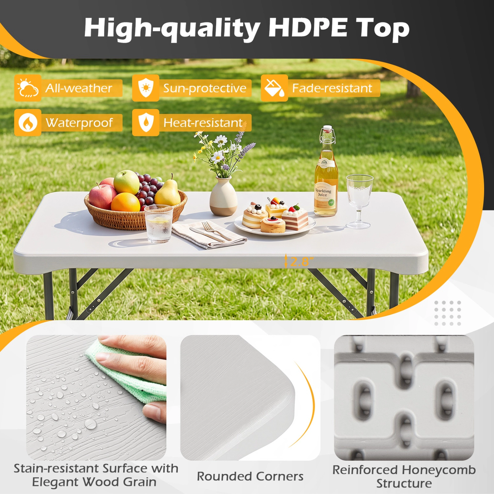 SUGIFT 44-in HDPE Folding Picnic Table Set with 2 Benches 110-lb Tabletop 330-lb Benches White