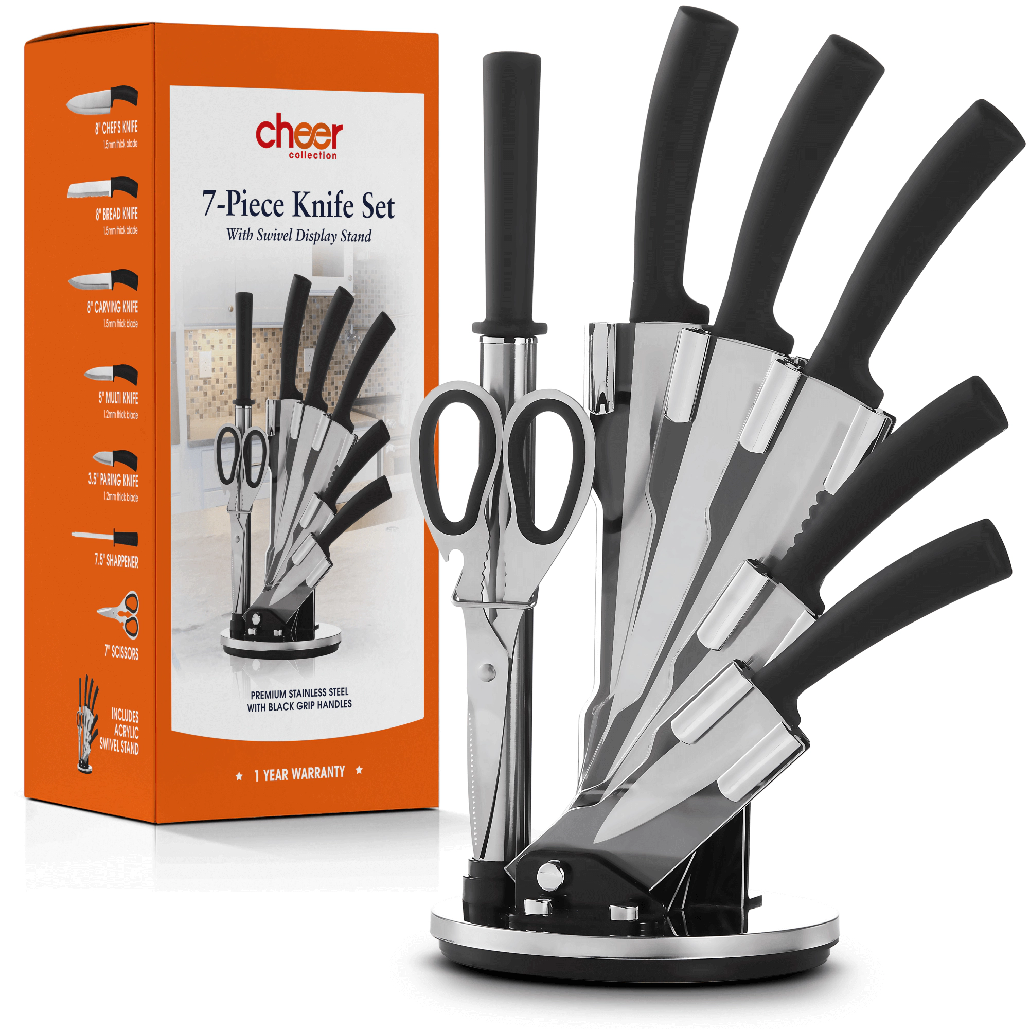Cheer Collection Chef Knife Set (7 Piece) with Rotating Stand - Sharp Serrated