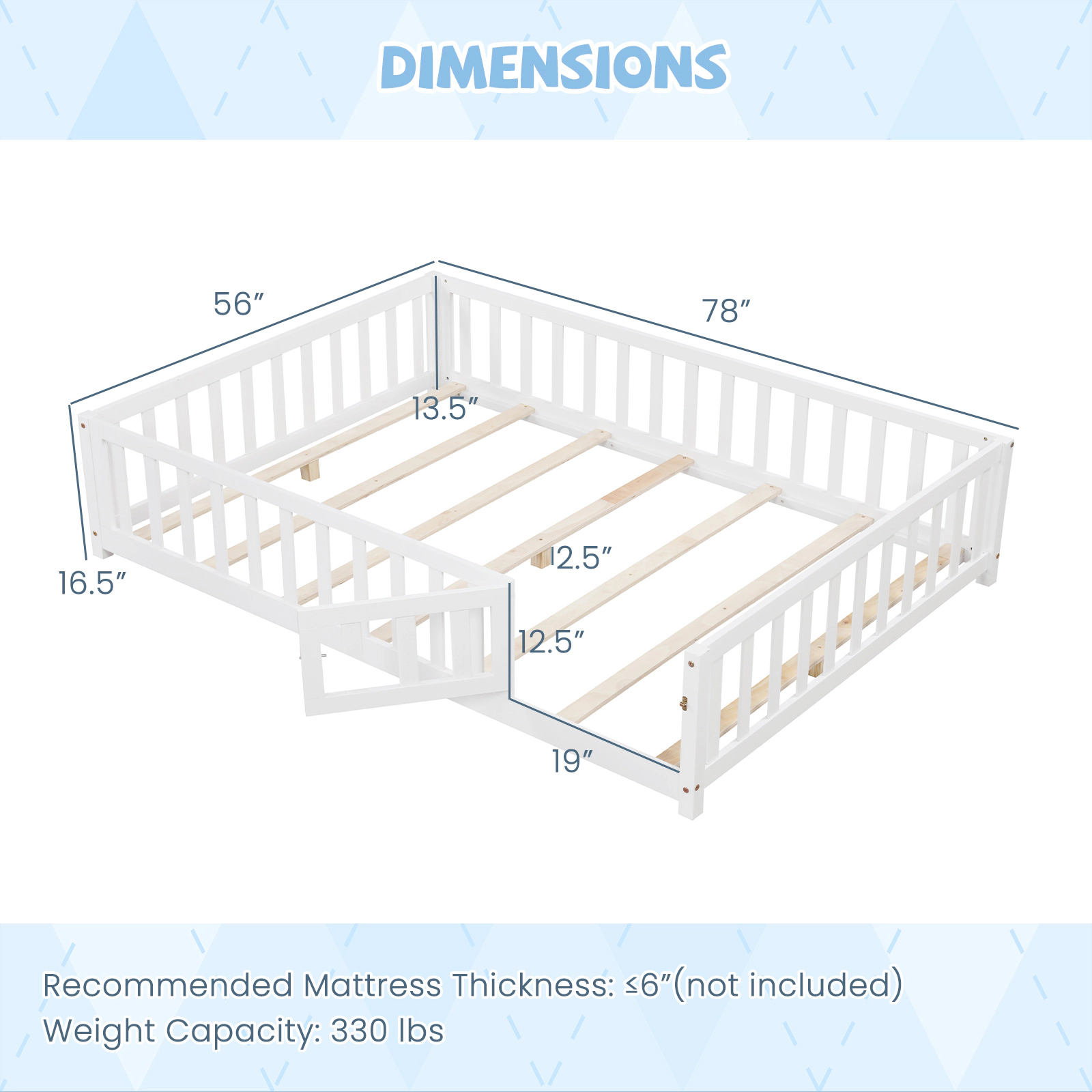 SUGIFT Low Floor Montessori Bed Frame Full-length Guardrails Safety Door 330-lb Capacity 78-in Wide Toddler Bed White