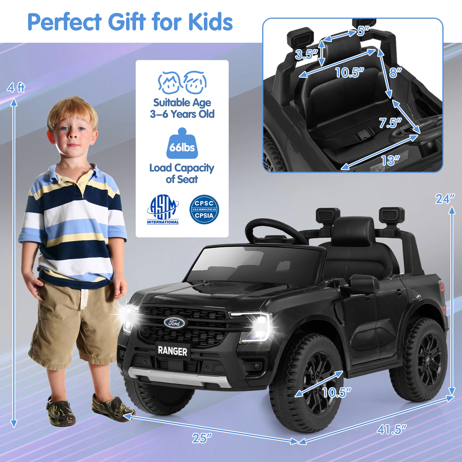 Hivvago 12V Electric Kids Ride on Car Licensed Ford Ranger with Remote Control and Music-Black