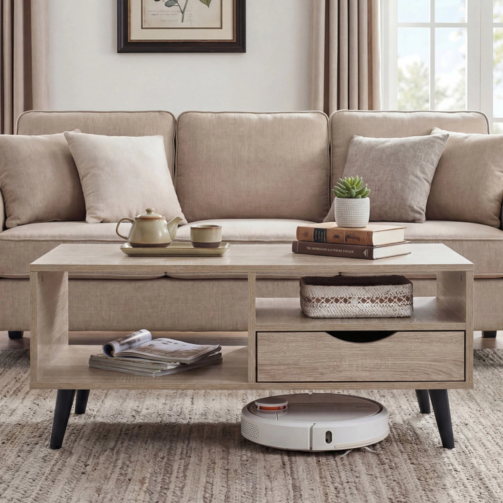 SUGIFT Storage Coffee Table Rectangle Center Table 165-lb Top Capacity Natural/Walnut