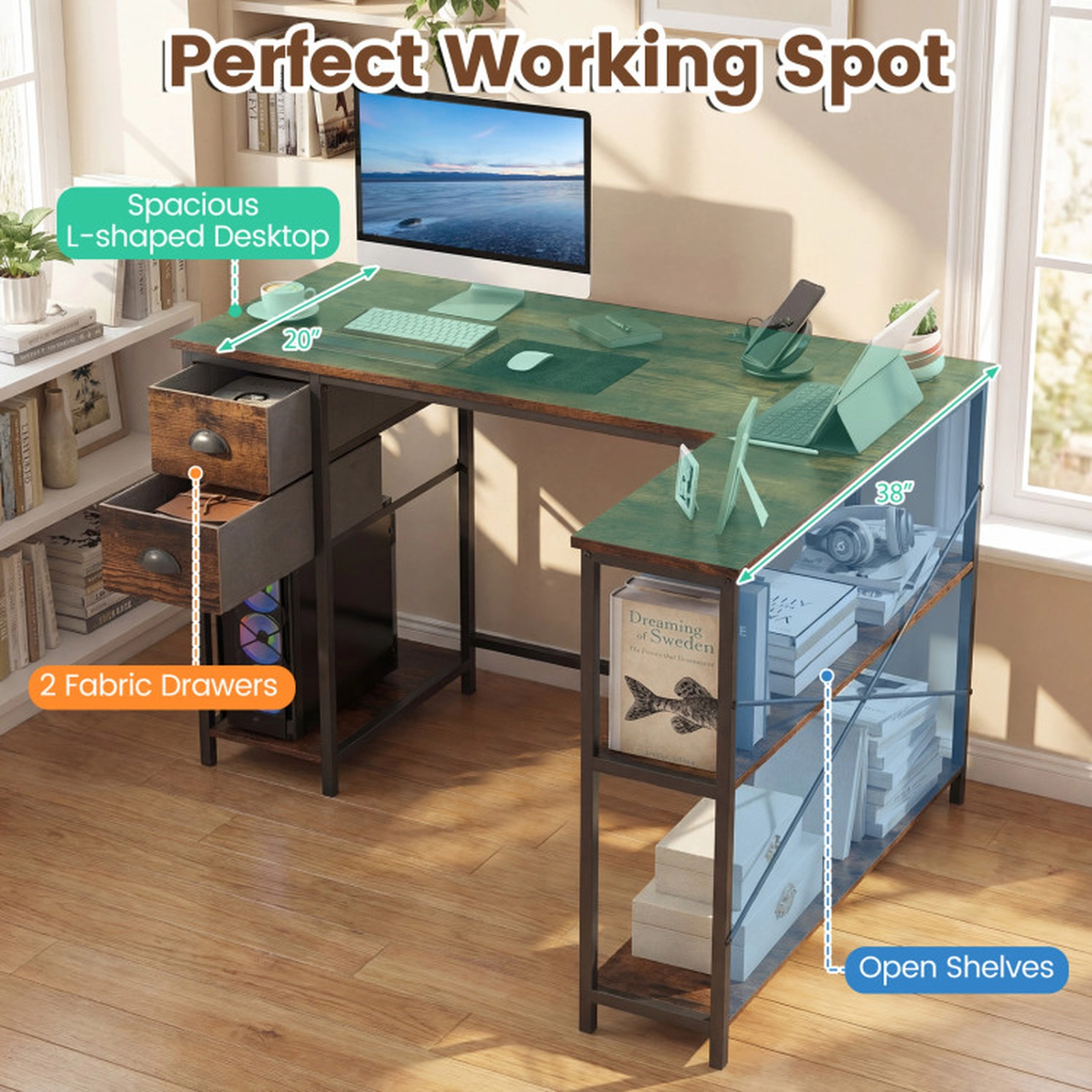 SUGIFT L Shaped Computer Desk with Charging Station Corner Workstation 110-lb Tabletop Capacity