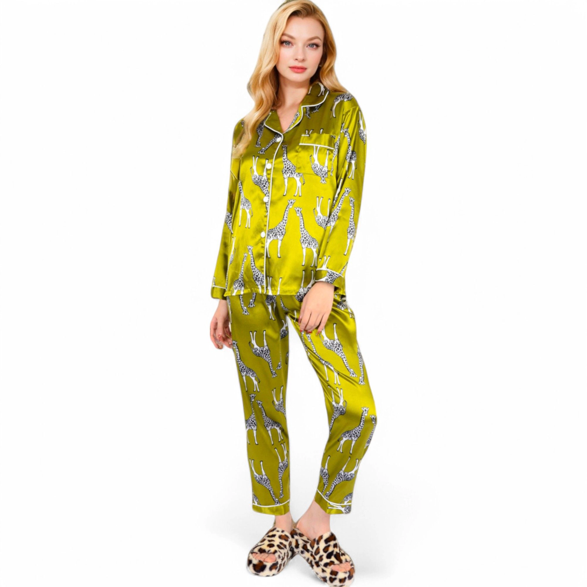 Anna-Kaci Women's Satin Pajama Set with Giraffe Print and Button Down Top