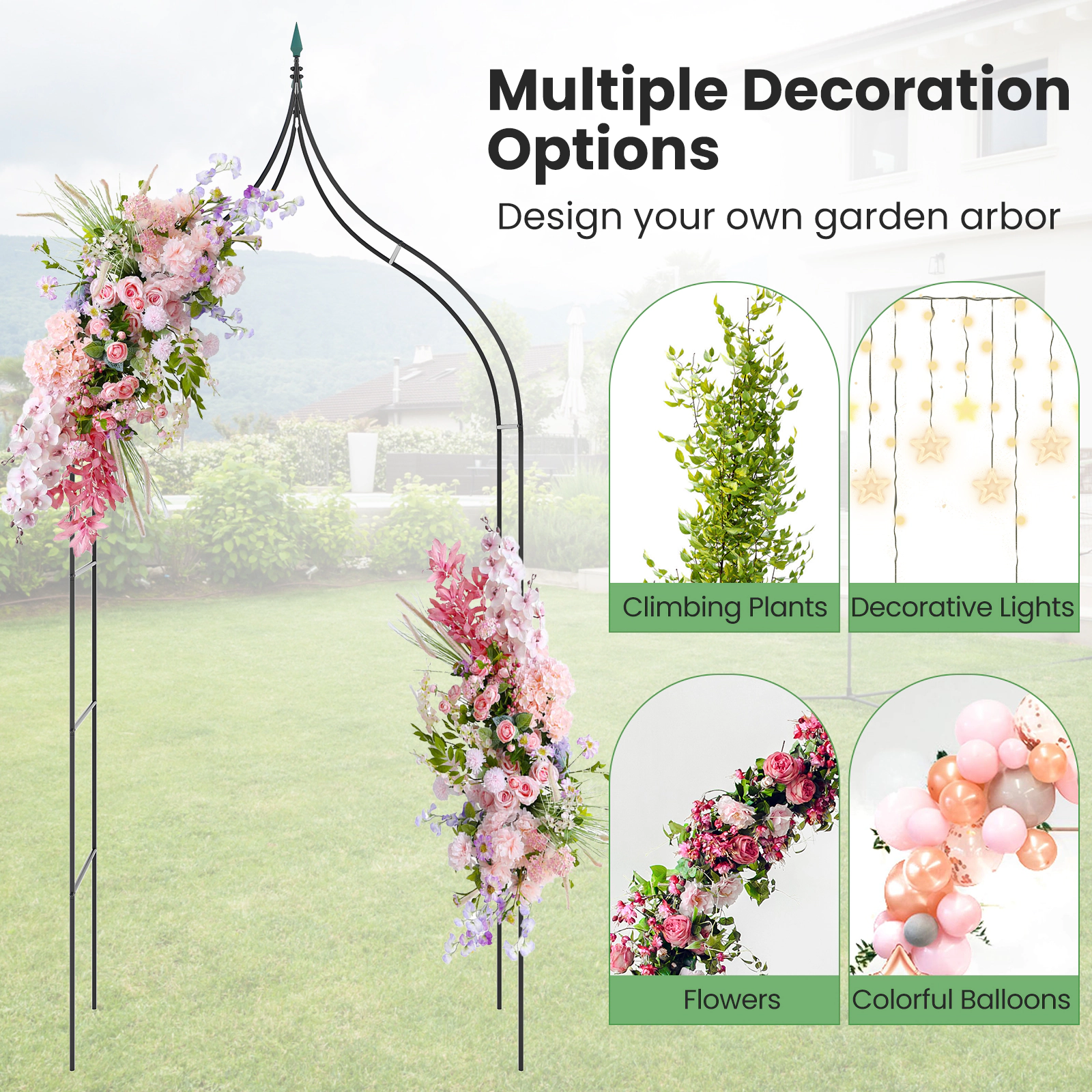 SUGIFT 9.5-ft Black Decorative Metal Garden Arch with Pointed Arches Curves and Screw Protective Caps