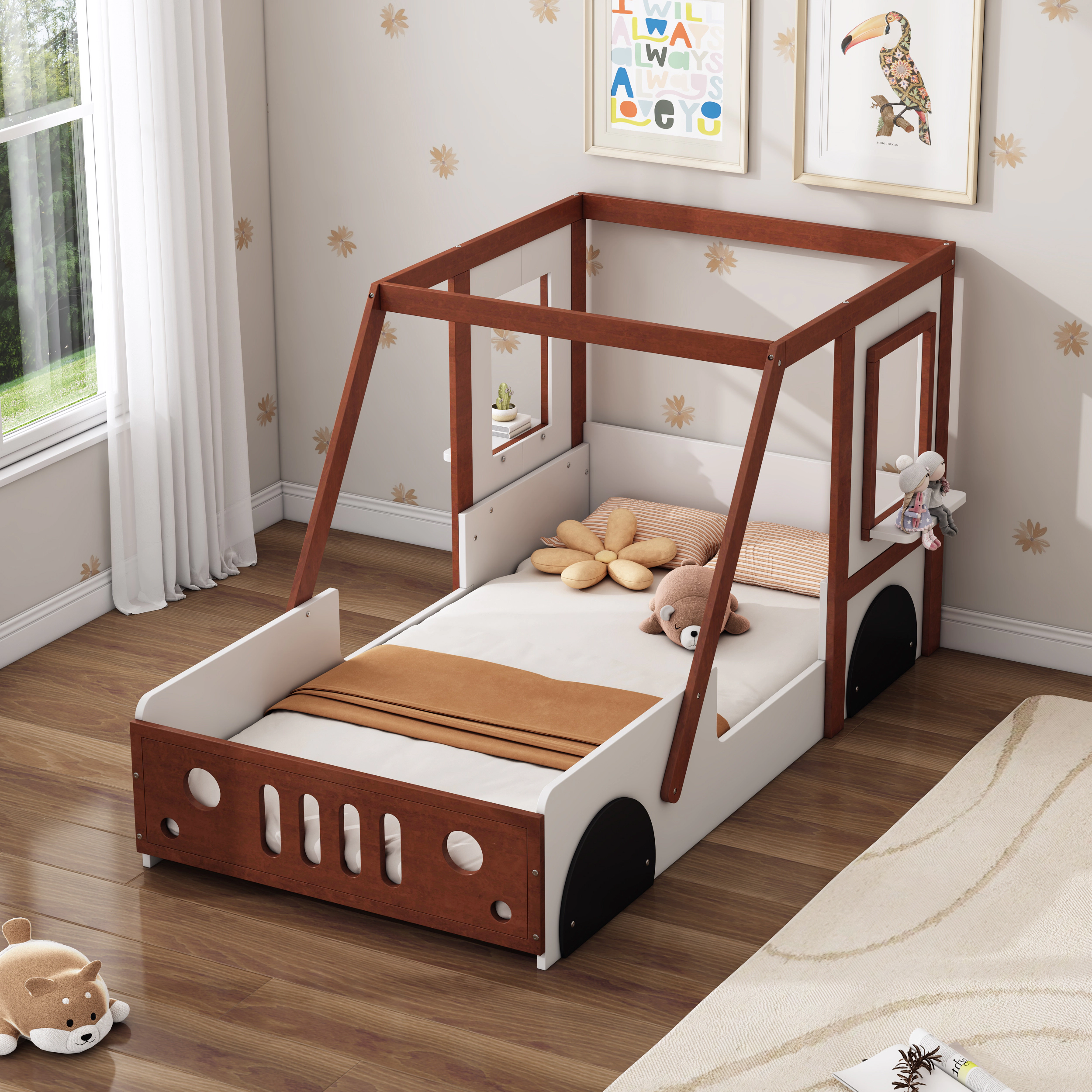 Flynama Twin Car-Shaped Kids Platform Bed, Fun Play Design, White & Orange