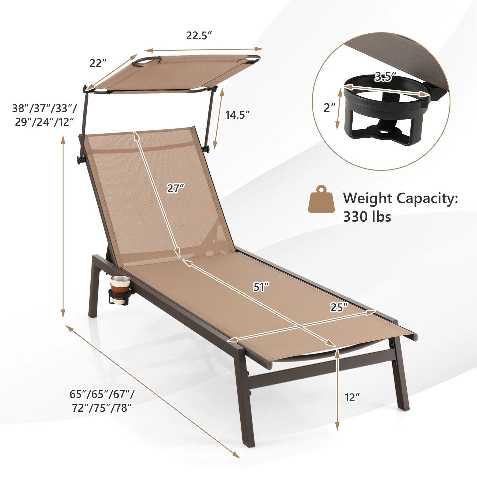 SlickBlue Reclining Patio Lounger with 6 Position Backrest and Breathable Fabric