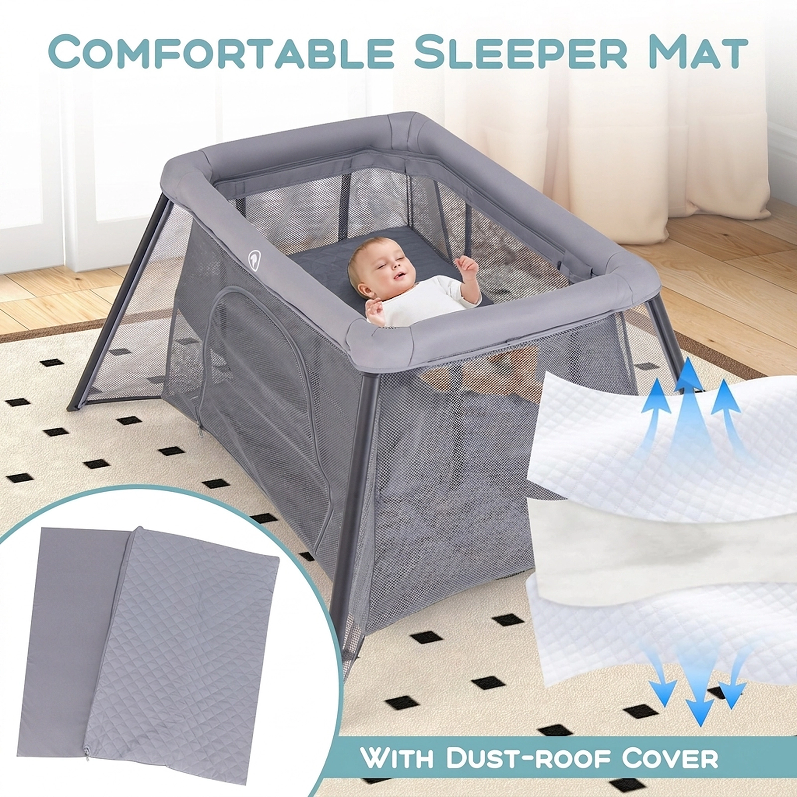 SUGIFT 2-in-1 Baby Playpen and Travel Crib 33-lb Capacity Ages 0-36 Months with Zippered Entrance and Padded Mattress