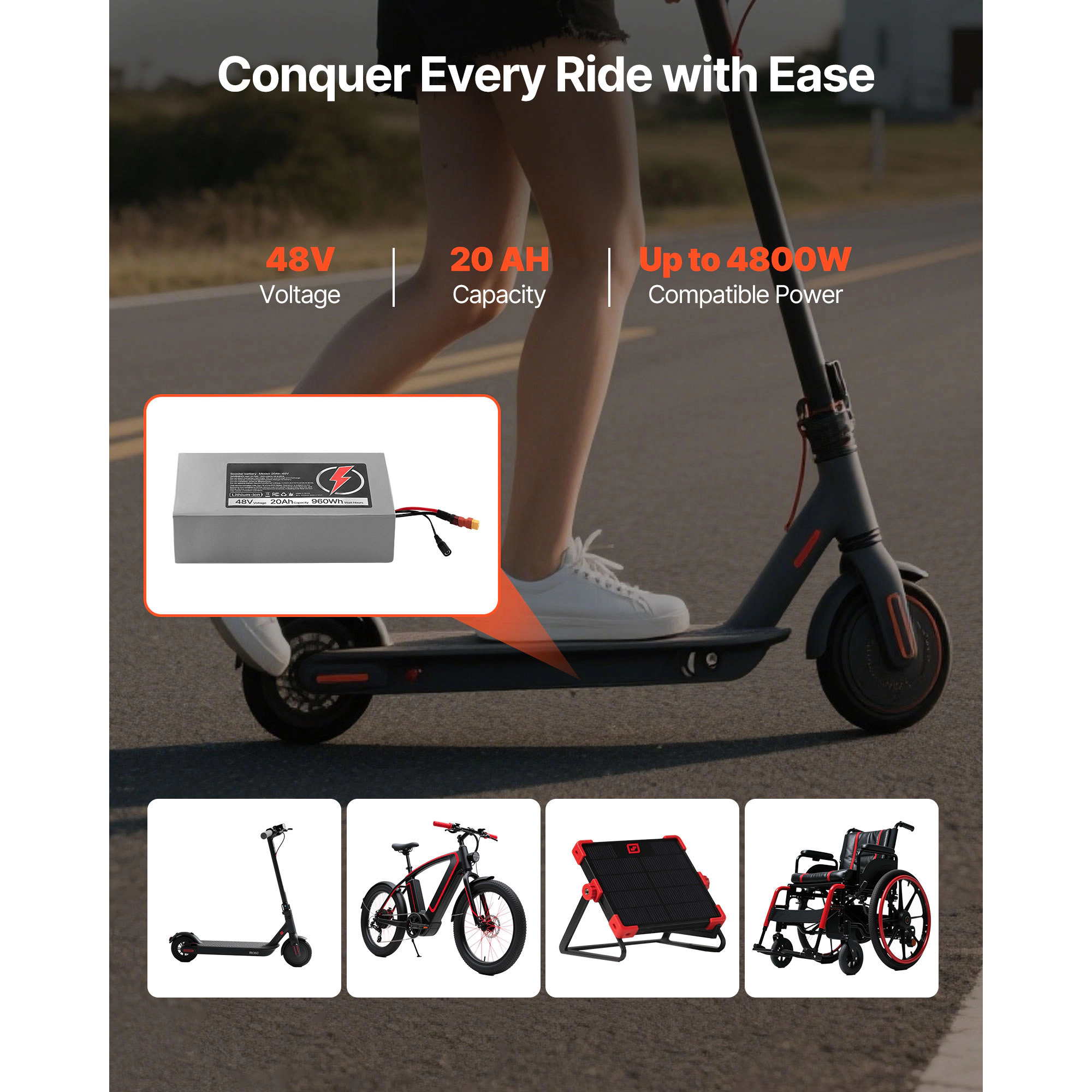 HONGGE Electric Scooter Battery, Ebike Lithium Battery Pack with 30A BMS, Charger, T-Plug Expansion Cable, 500+ Cycles
