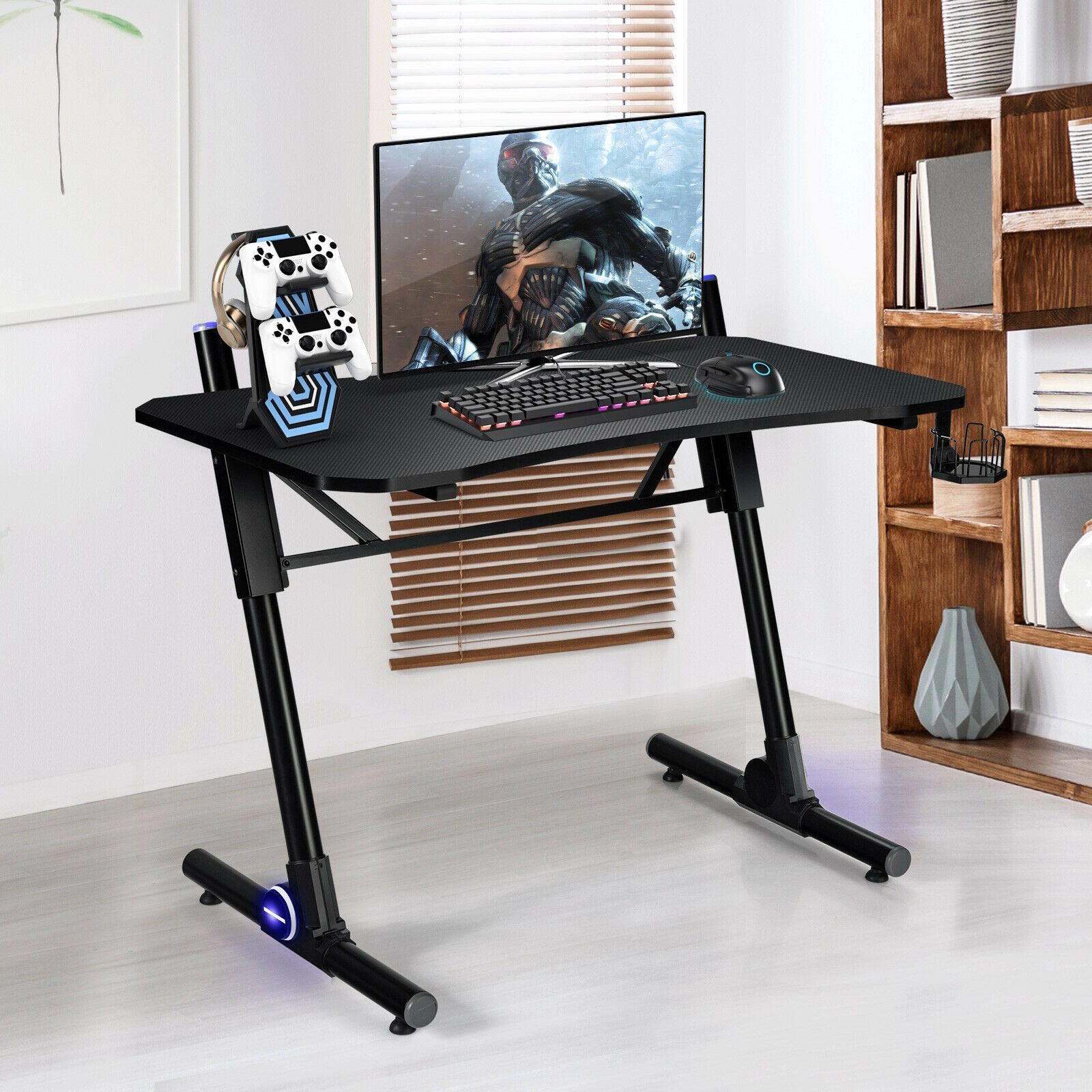 SUGIFT 43.5-in Height Gaming Computer Desk 176-lb Capacity Z-Shaped Base with Cup Holder and Blue LED Lights Black