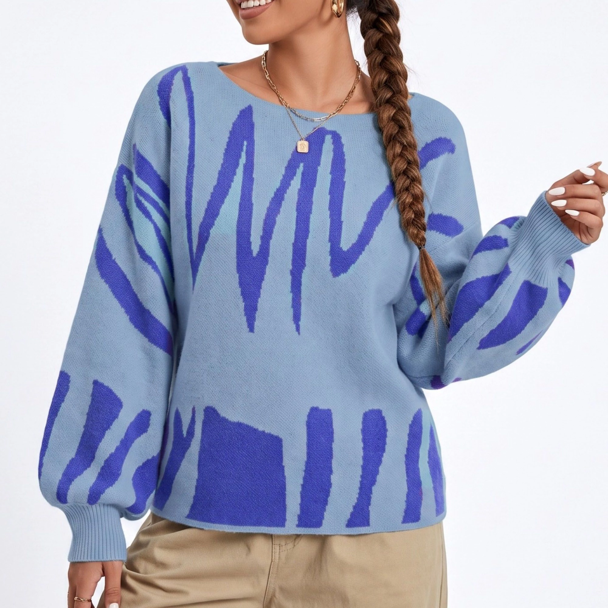 Anna-Kaci Women's Abstract Graphic Print Long Sleeve Knit Sweater