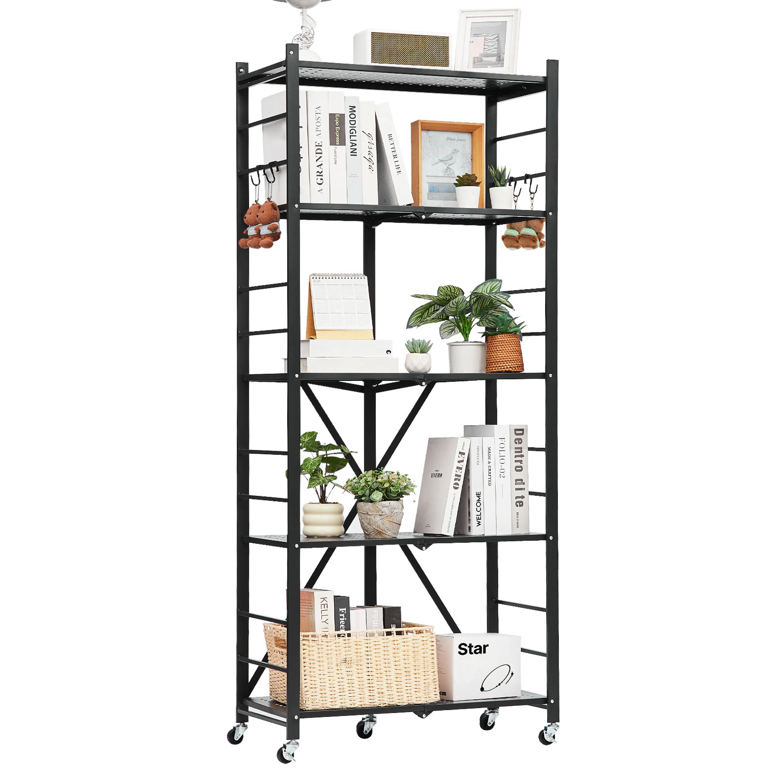 Flynama 5-Tier Foldable Storage Shelf with Wheels 28 x 13 x 66-inch Metal Shelving