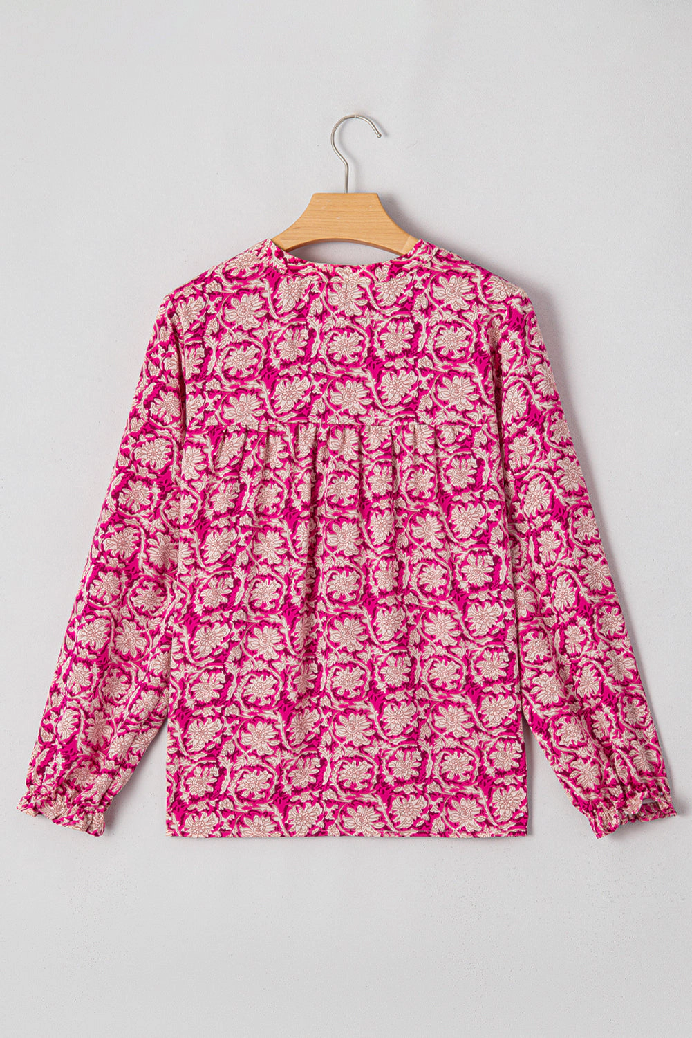Threaded Pear Women's Pink Floral Print Split Neck Pleated Puff Sleeve Blouse