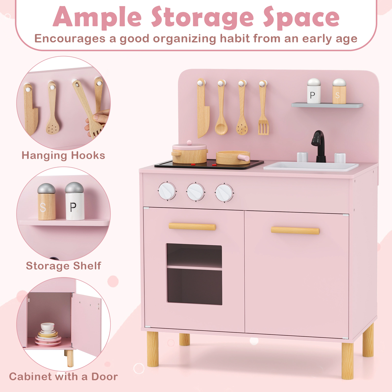 Kitchen Set for Kids Dual Light-Up Stoves Removable Sink Storage 22-in Wooden Play Kitchen Pine Wood Legs Ages 3+ Pink