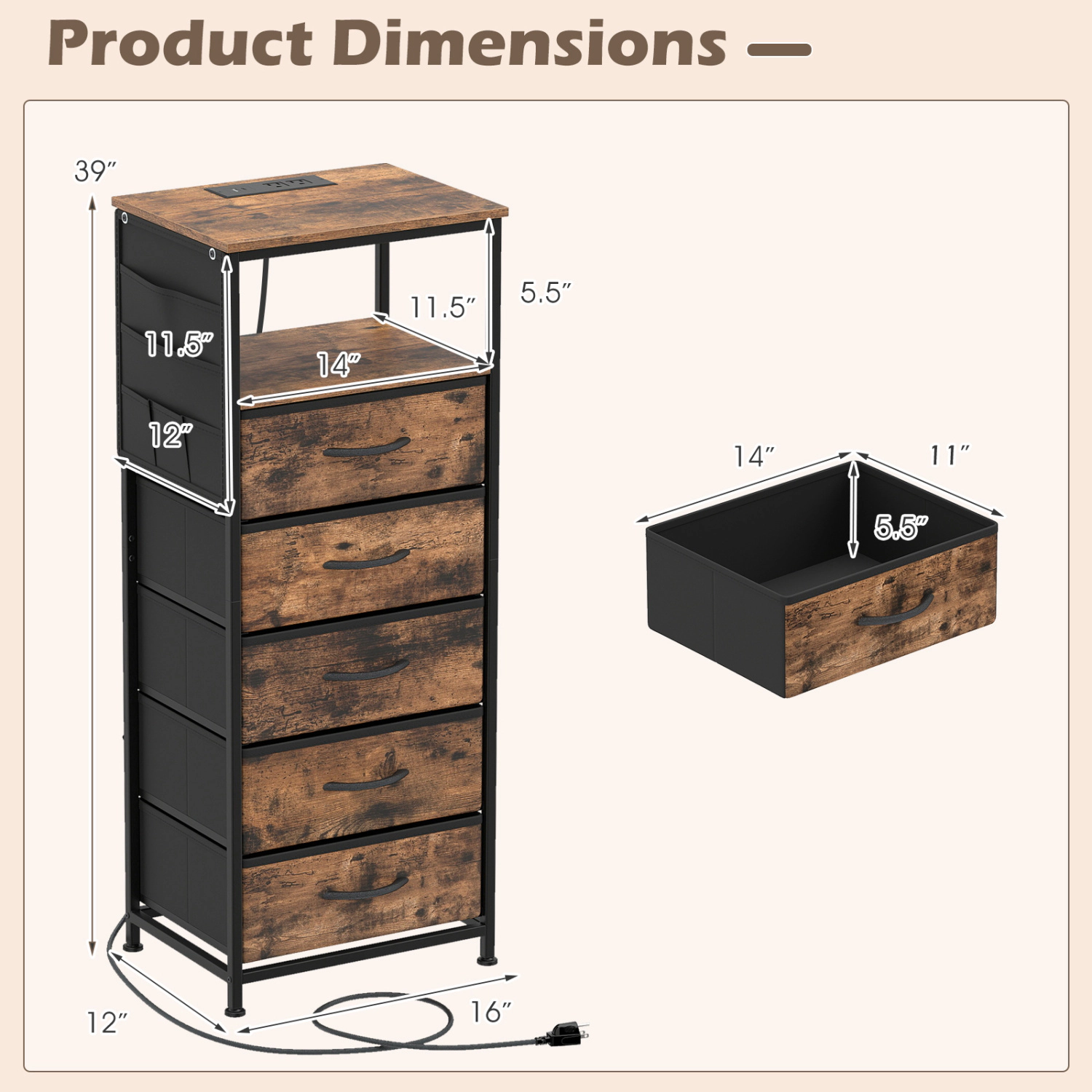 LJG Nightstand with Integrated Charging Station 39 Inches Modern Bedside Table