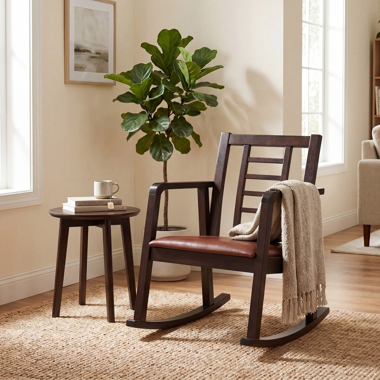 SUGIFT Brown Wooden Ladder-Back Rocking Chair with Faux Leather Seat