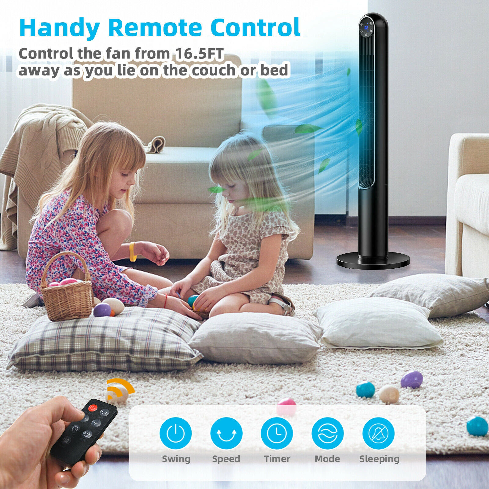 SlickBlue 42-Inch Bladeless Tower Fan with Remote Control and 14 Wind Settings