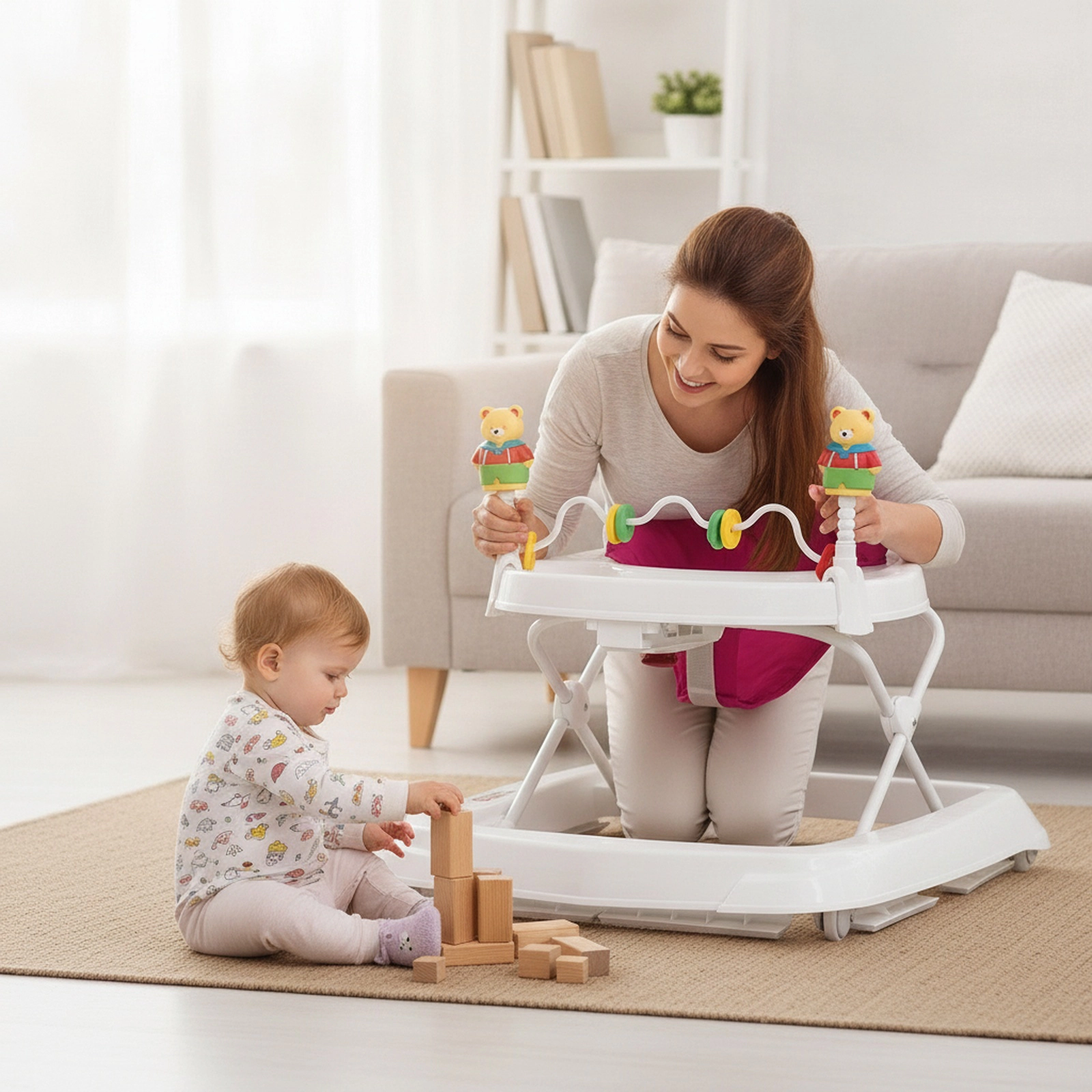 Portable Folding Baby Walker for Girls with Wheels 3 Adjustable Heights Removable Toys Pink
