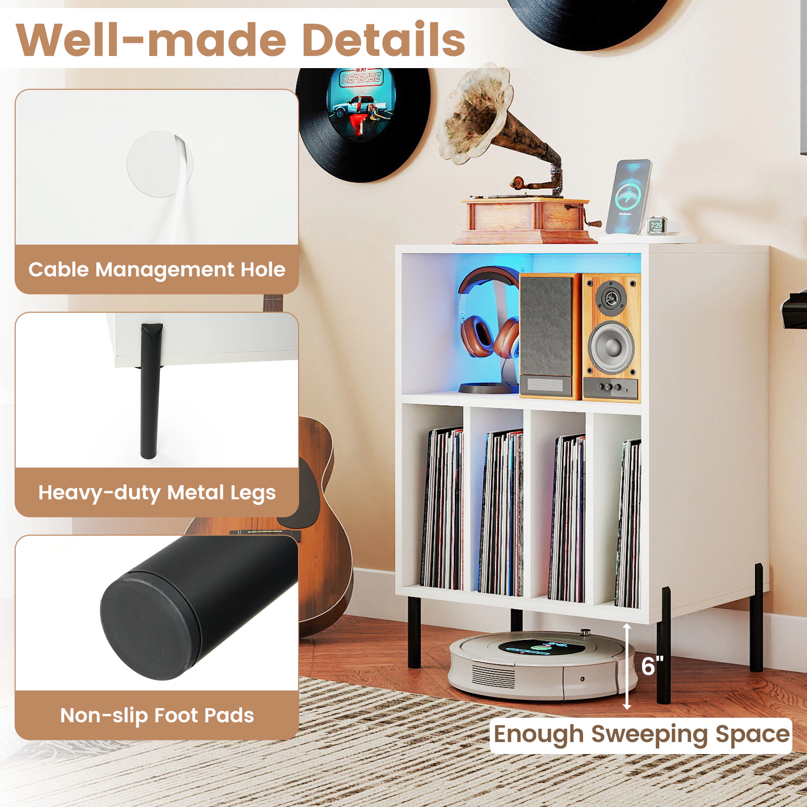 Glintex Record Player Stand with Ambient LED Lighting Remote and Charging Station, White