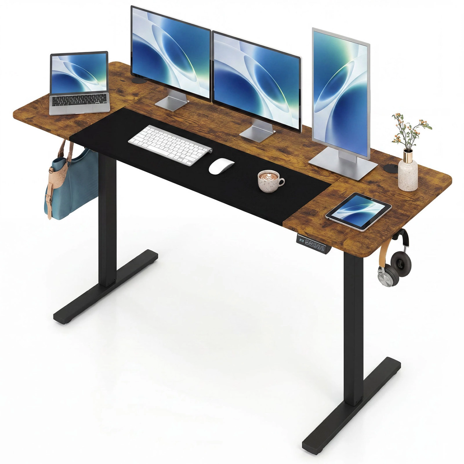 SUGIFT 63 in Rustic Brown Electric Standing Desk, Dual Monitor, Adjustable Height