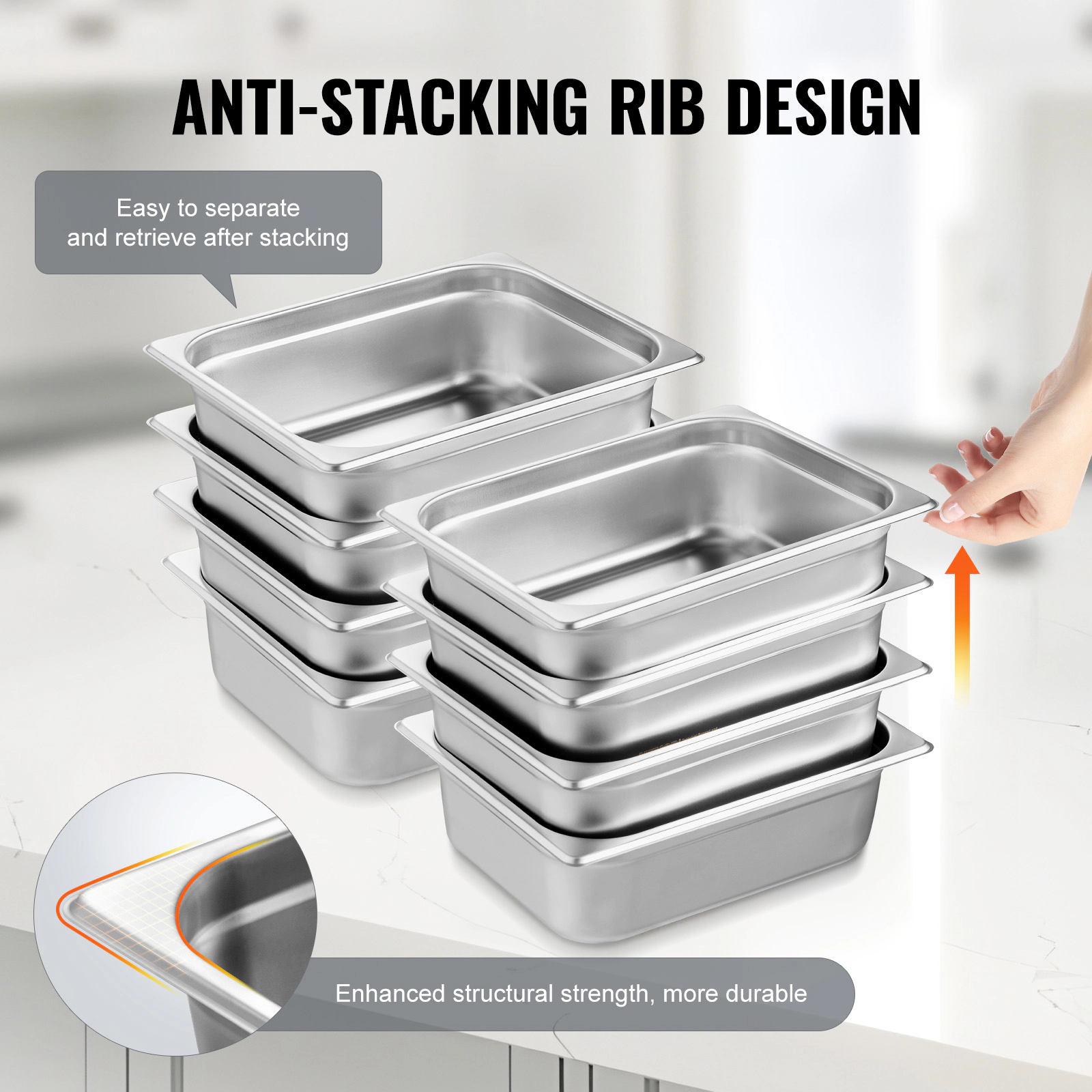 HONGGE Hotel Pans, Anti-Jam Steam Pan, 0.8mm Thick Stainless Steel Steam Table Pan, Deep Commercial Table Pan