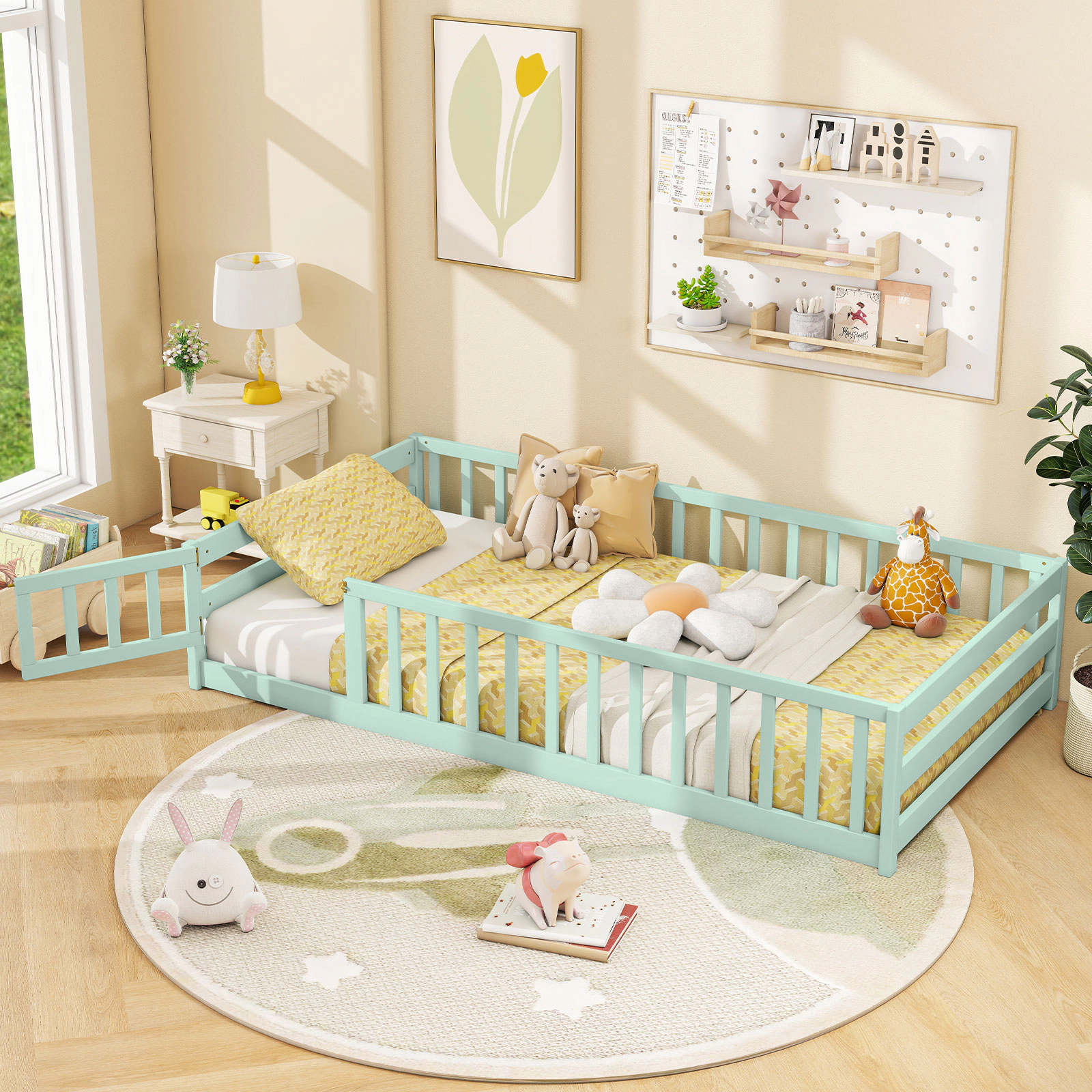 SUGIFT Low-to-Ground Twin Montessori Floor Bed Frame Toddler Bed Full Length Safety Guardrails & Lockable Door Green