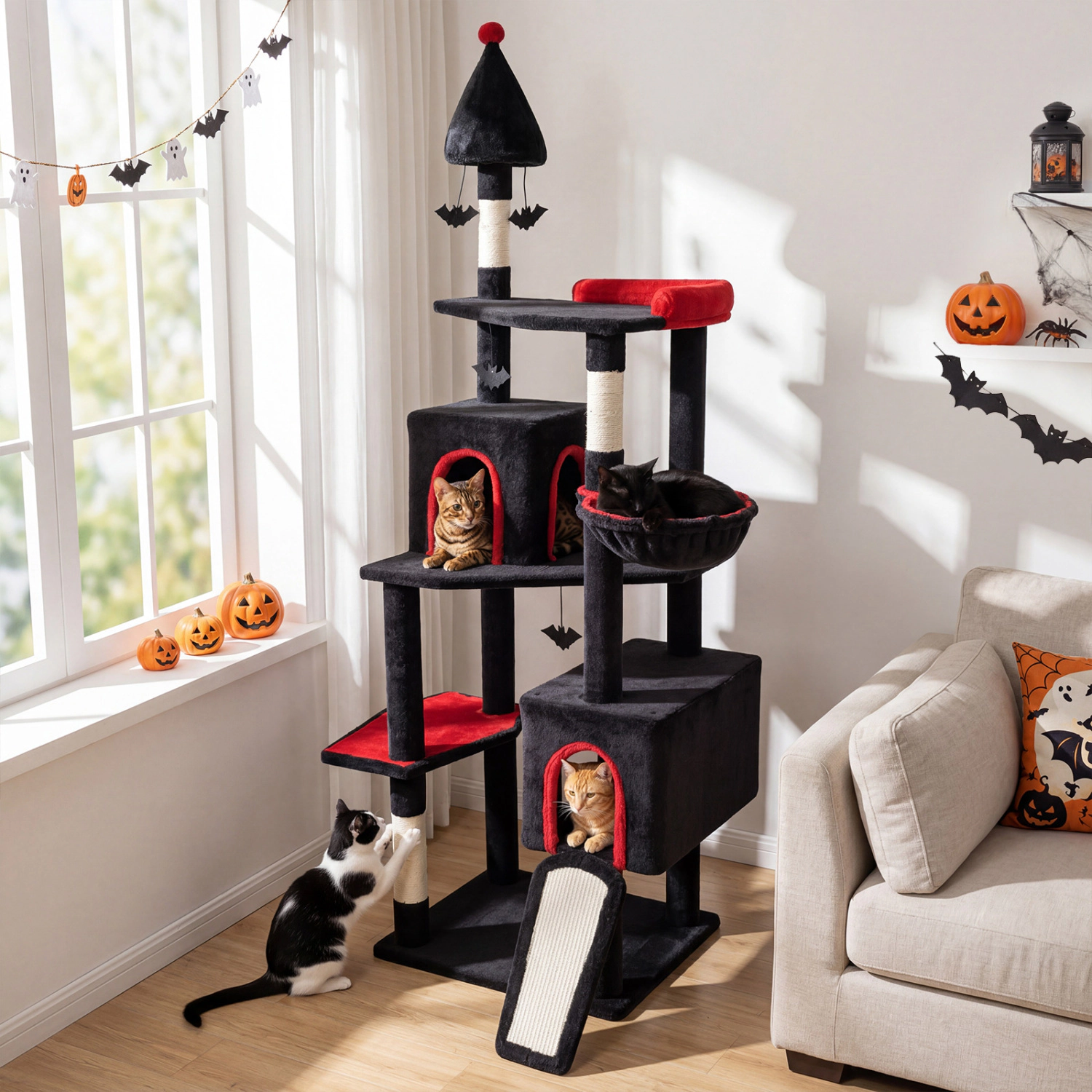 LJG 75 Inch Gothic Cat Tree with 2 Condos and Top Perch for Large Cats 20+ LBS