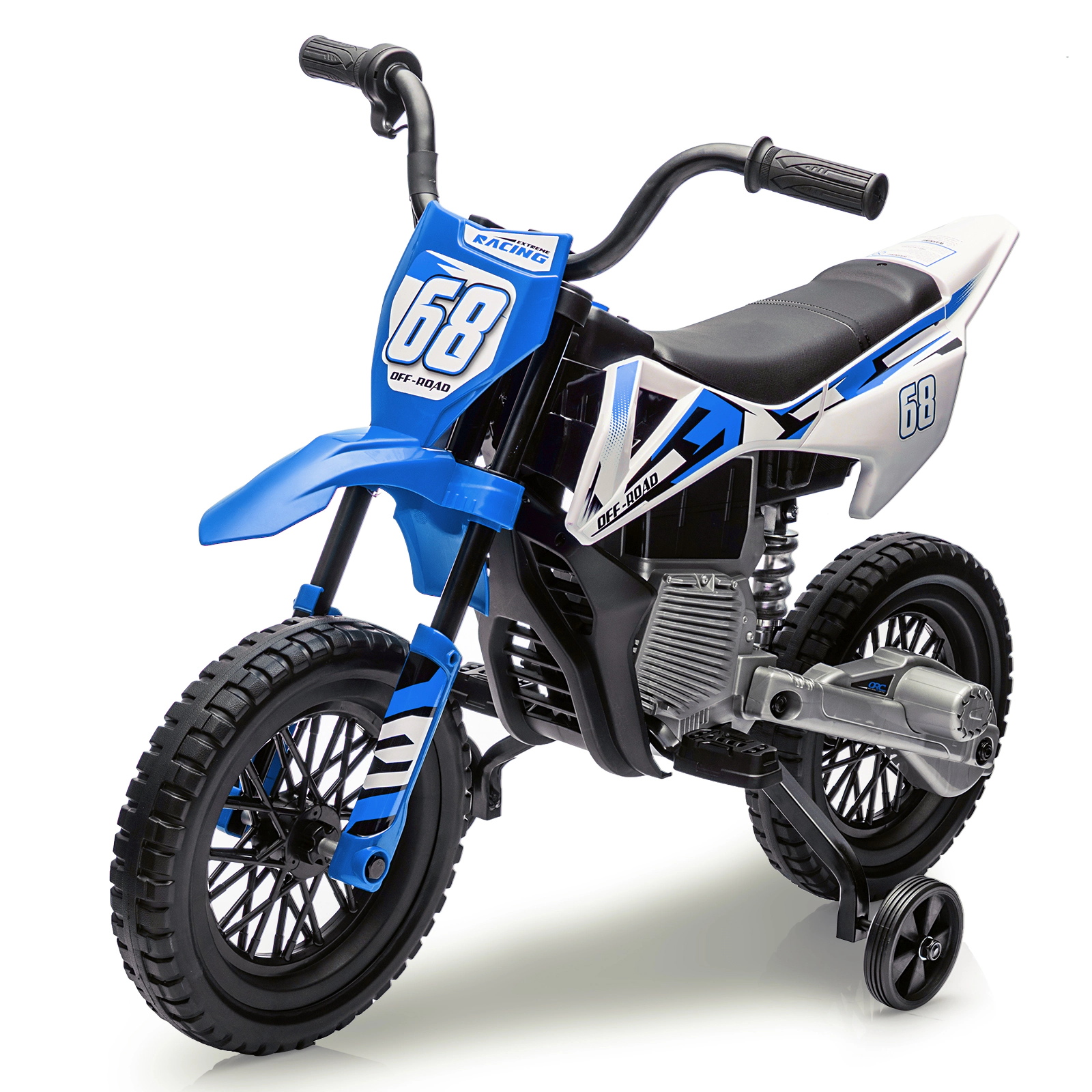 12V Kids Electric Motorcycle w/Training Wheels, Dirt Bike Ride On Toy w/Twist Throttle, Music, Suspension, 3 MPH Max
