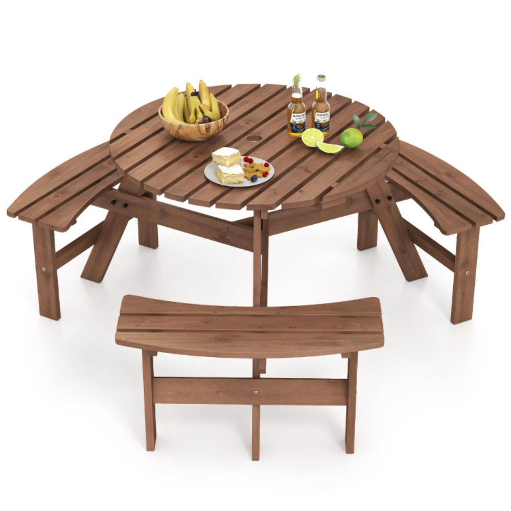 Hivvago 6-Person Round Picnic Table Set With 3 Built-In Benches And Umbrella Hole