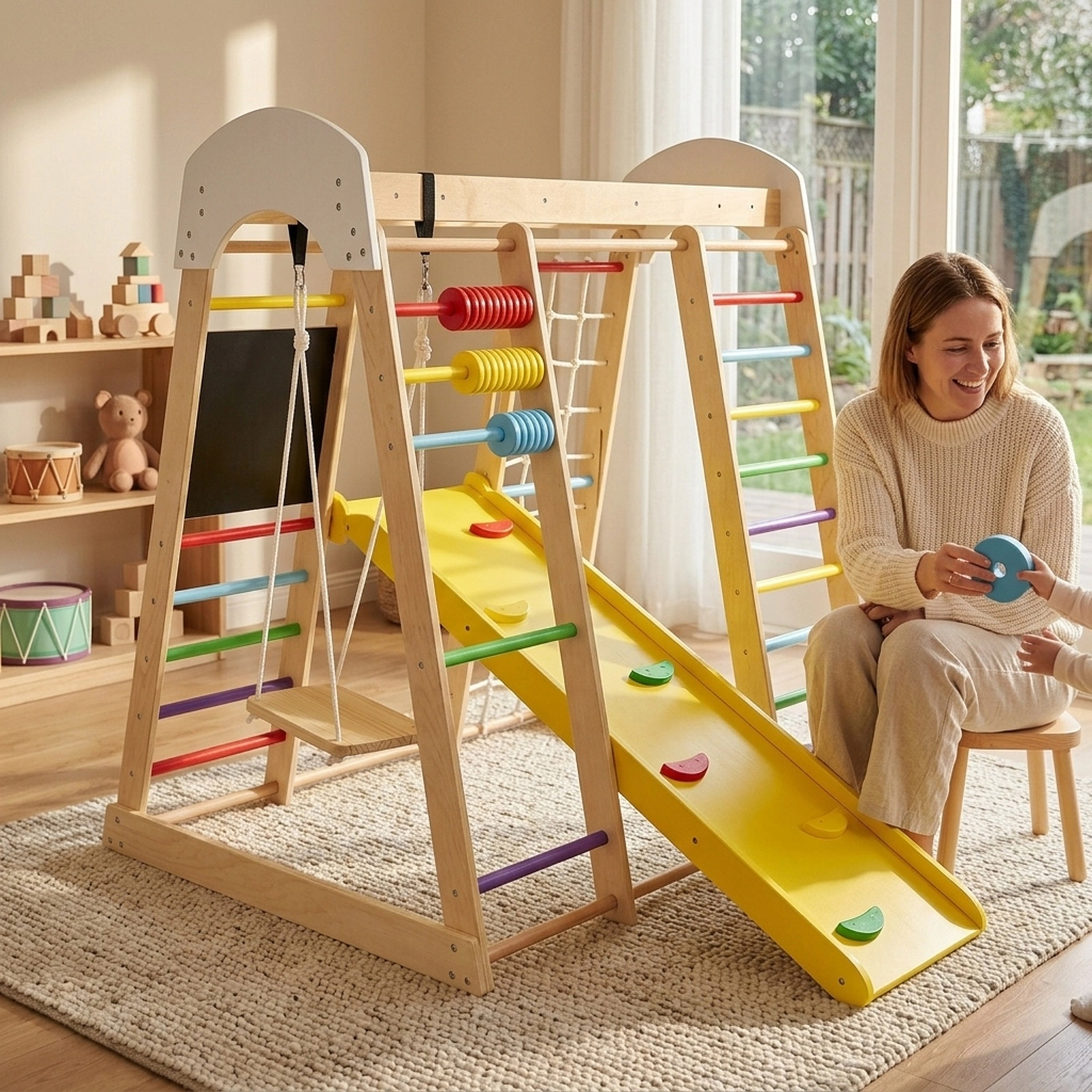 8-in-1 Wooden Indoor Climbing Gym Playset 54.5-in Tall Reversible Slide Odorless Finish 110-lb Per Part Ages 3+