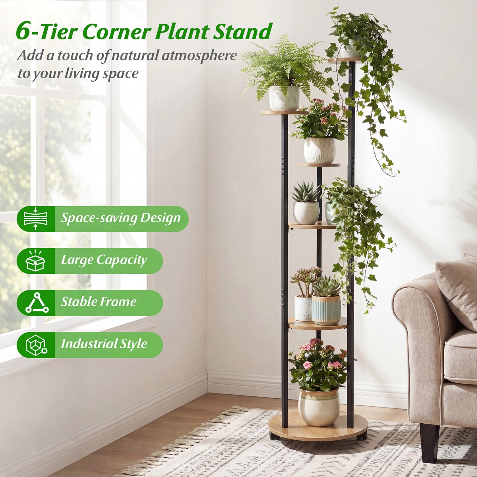 SUGIFT 6 Tier Plant Stand Natural 57 in Tall with RGB Light Strip and Wheels
