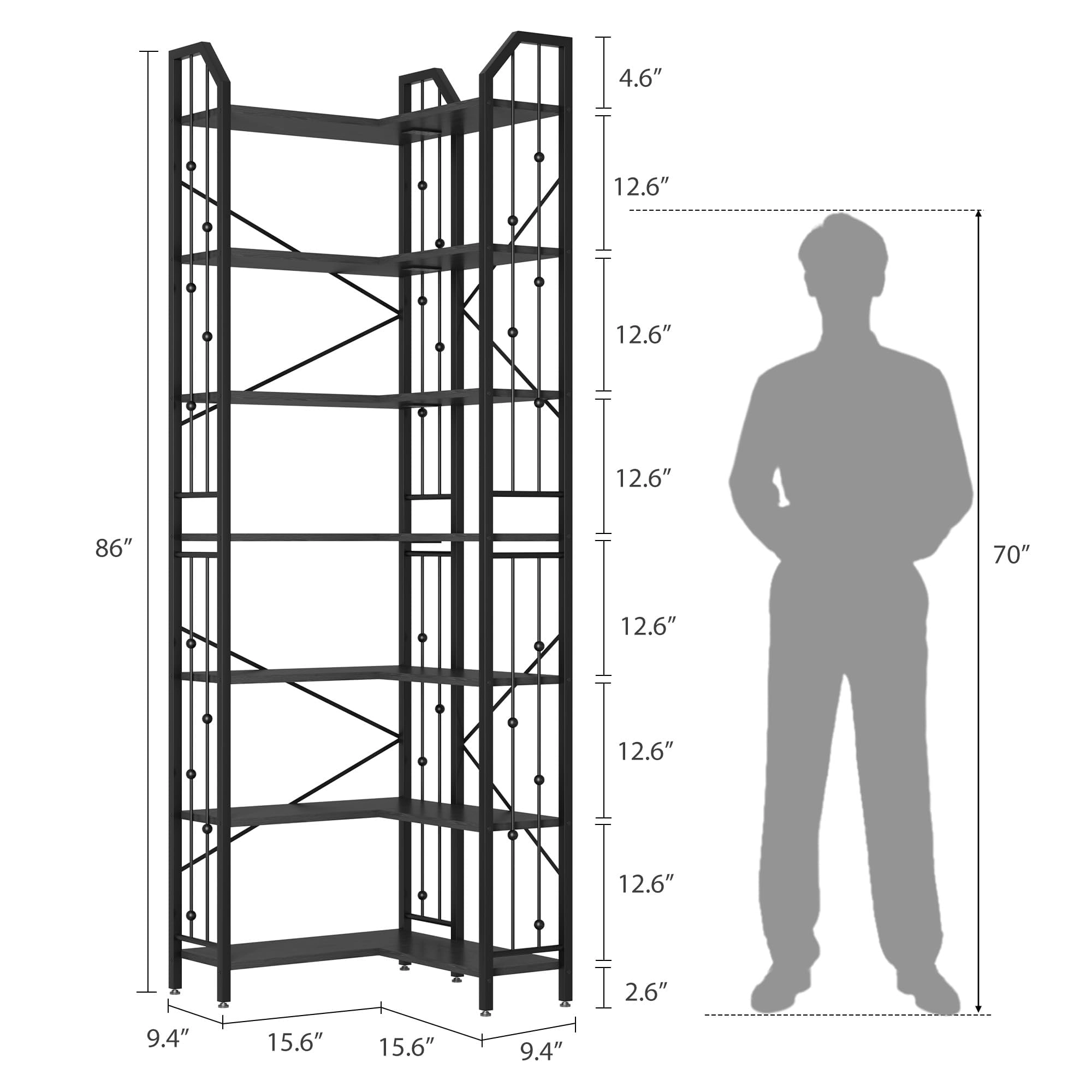BebreezChic l-Shaped Corner Bookshelf, 5-Tier Tall Bookcase, Industrial Storage Display Shelves for Living Room