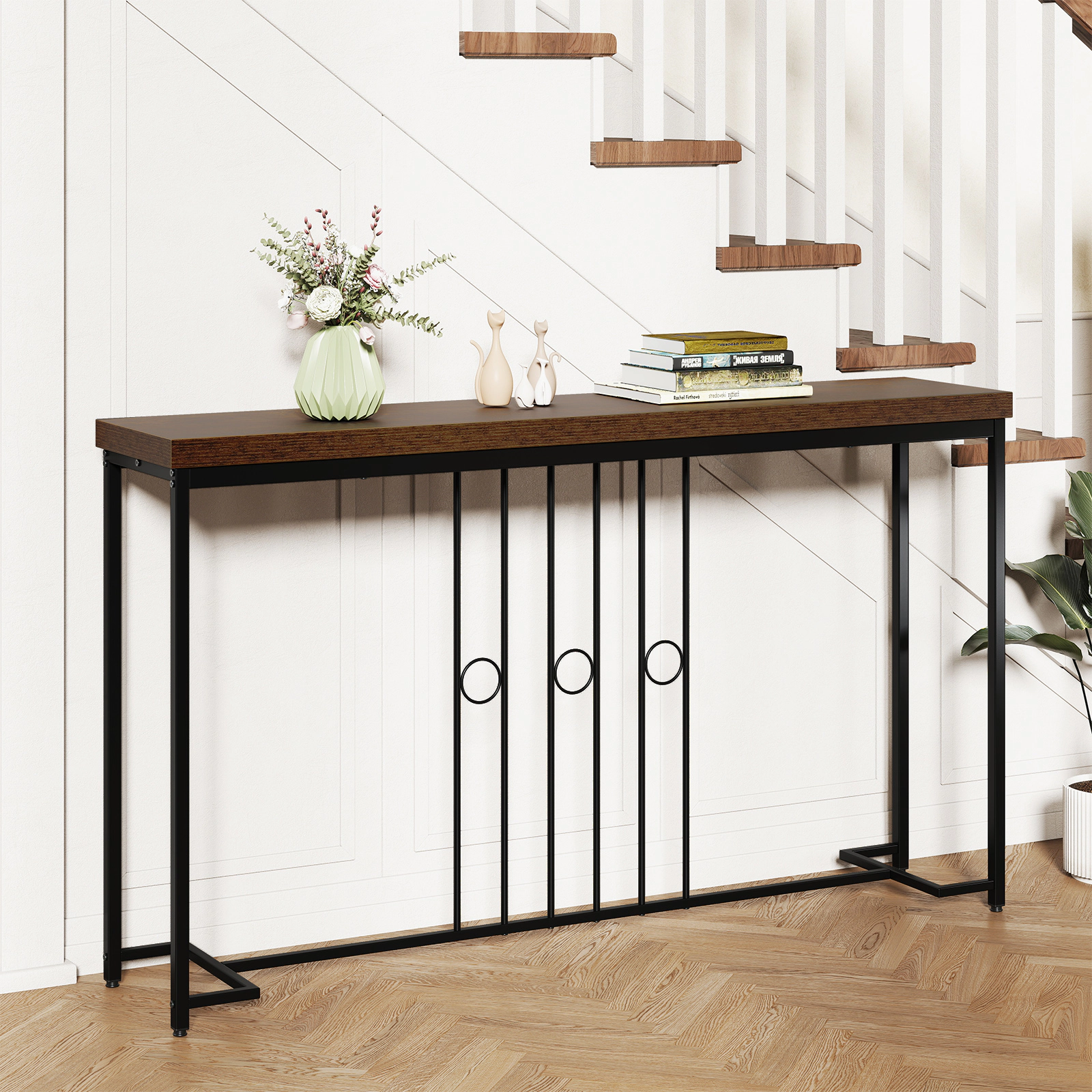 SUGIFT 1.6-in Thick Top H-Shaped Metal Base Industrial Console Table 55-in x 12-in x 32-in 175-lb Capacity Brown