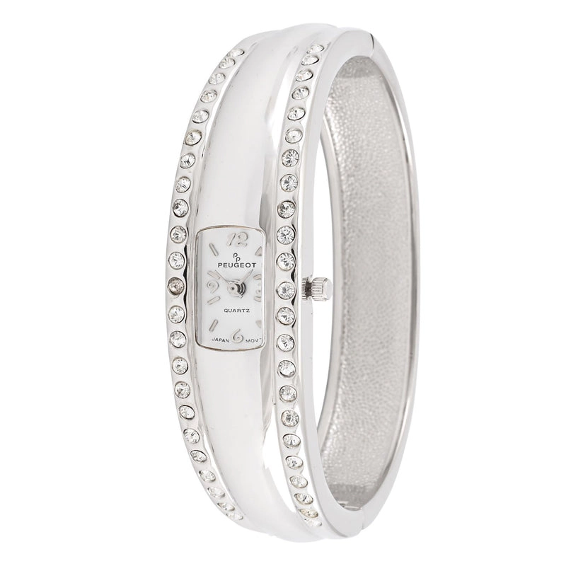 Peugeot Women's Silver-Tone Crystal Accented Cuff Bangle Fashion Watch